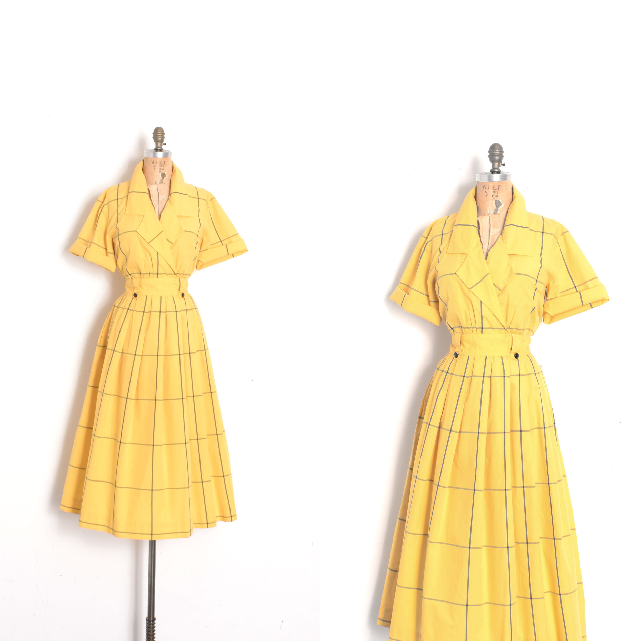 '80s Mustard Plaid Cotton Shirtdress-S/M