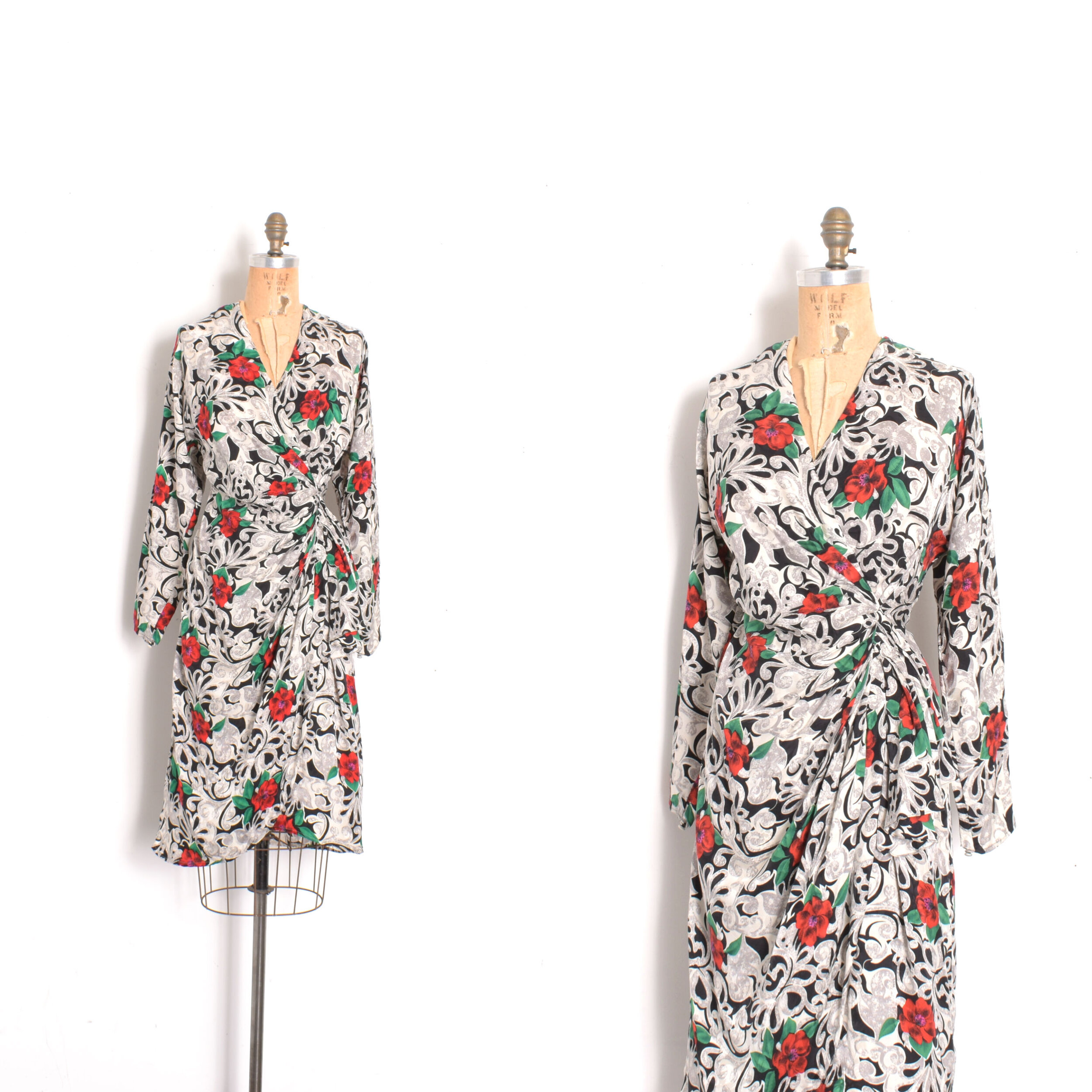 1980s Floral Silk Wrap Dress-medium
