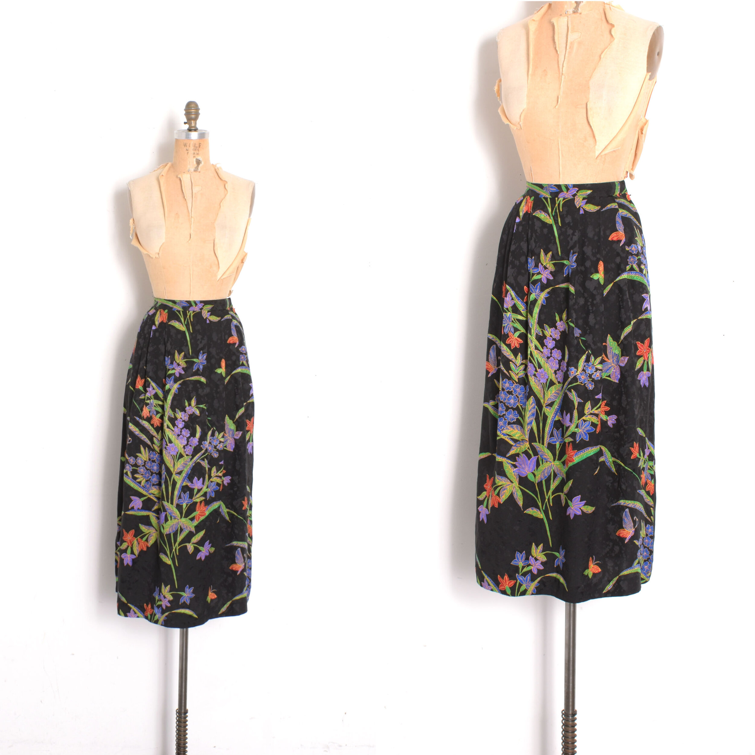 1980s Umi Collections Floral & Butterfly Silk Skirt-medium