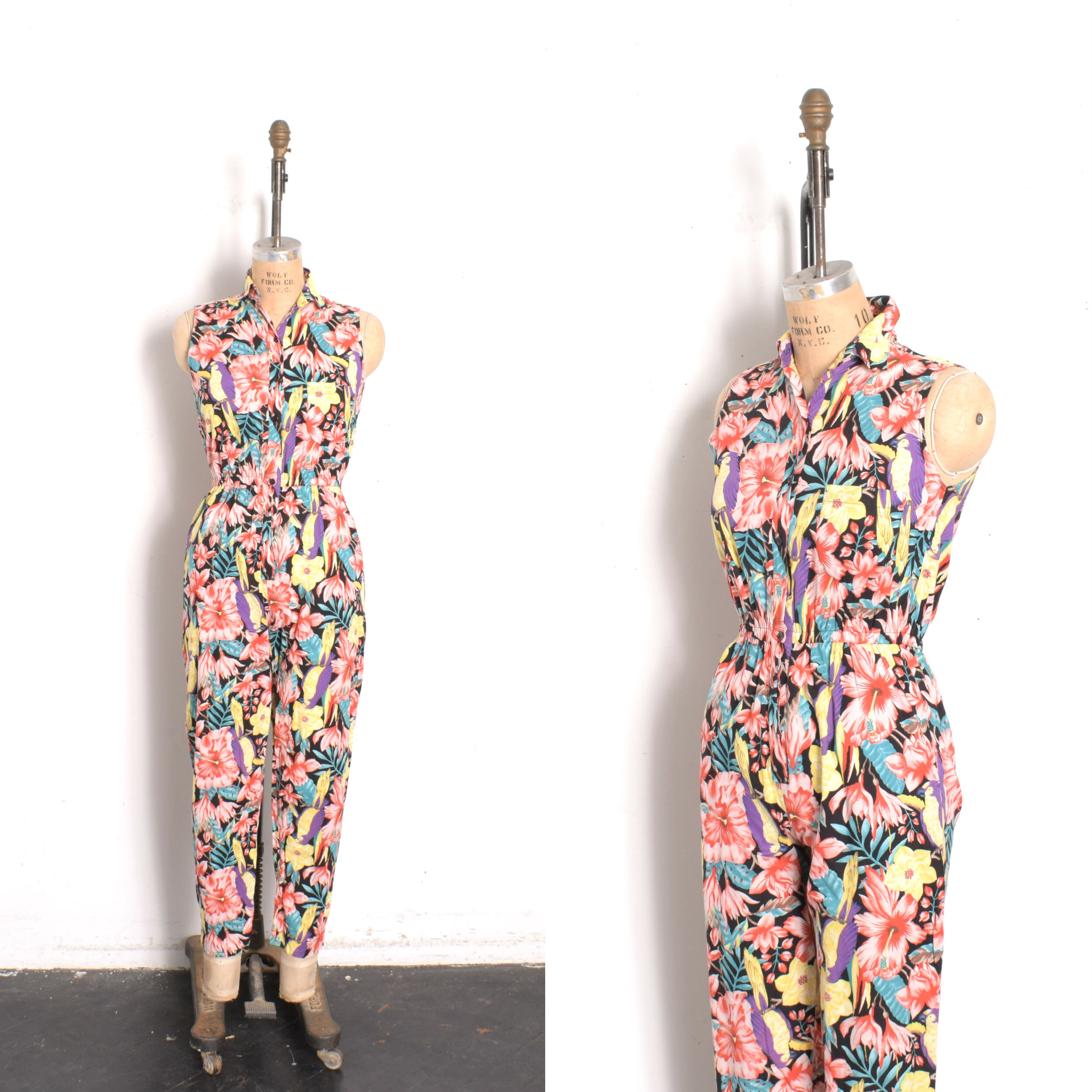 '80s Tropical Foliage Cotton Jumpsuit-small