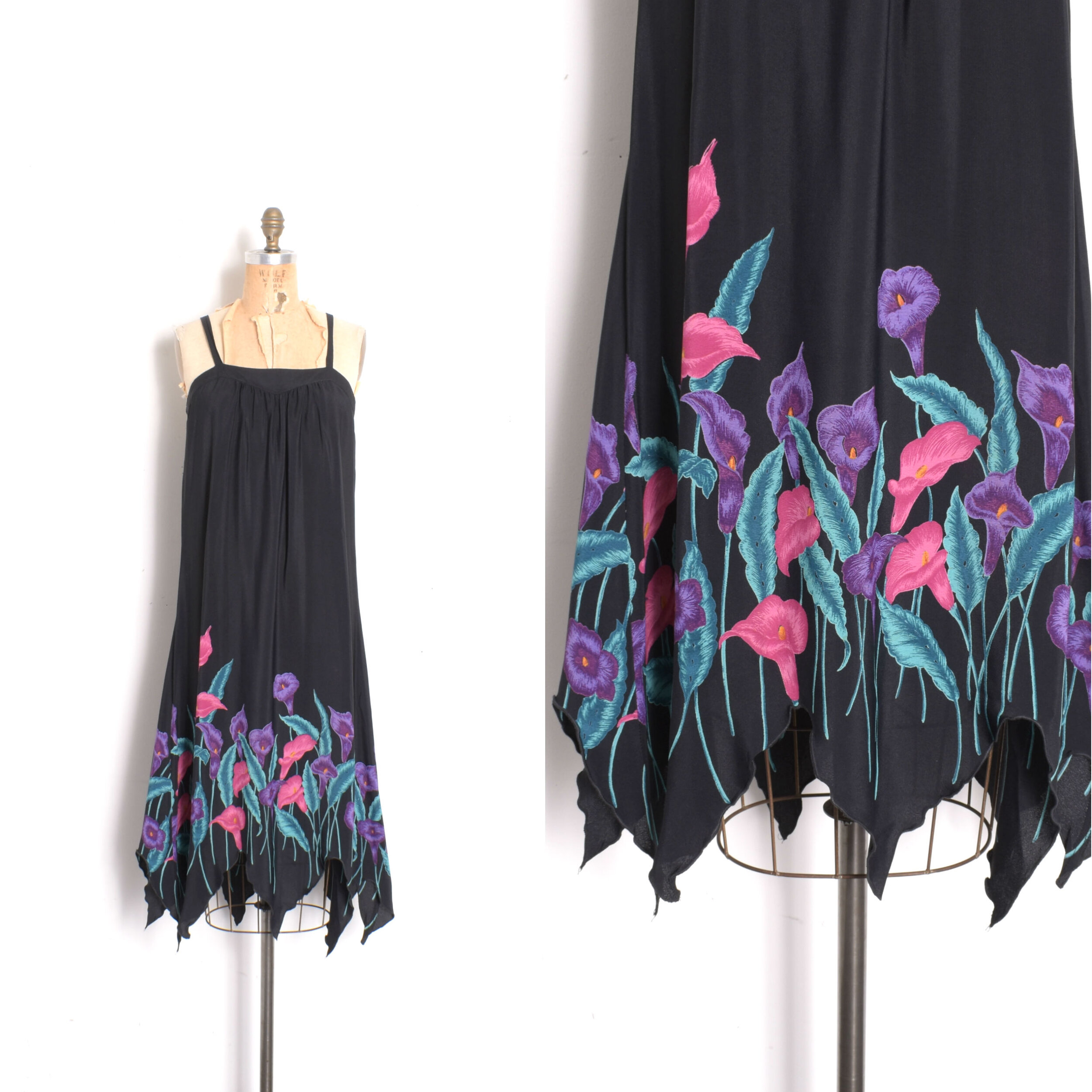 1970s Handkerchief Hem Floral Rayon Dress-small