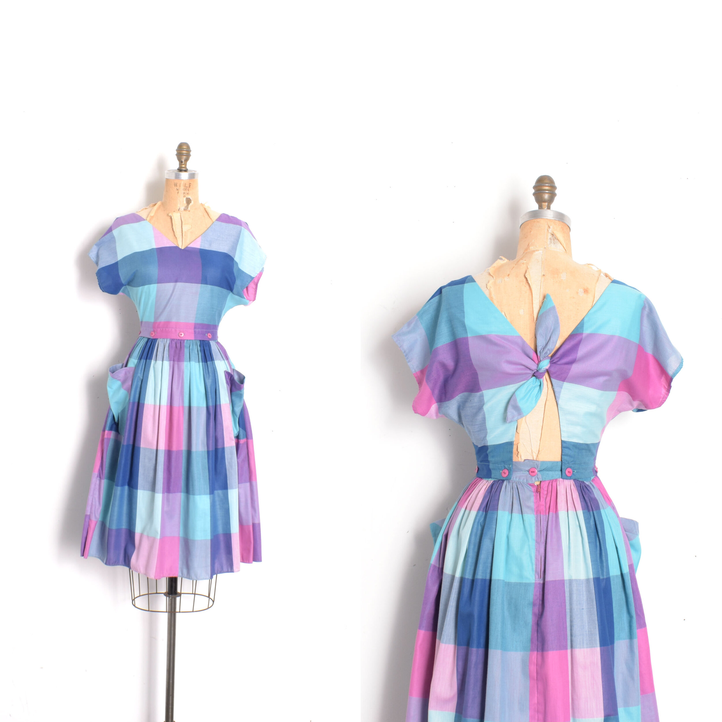 1980s Plaid Cotton Two-Piece Dress-XS