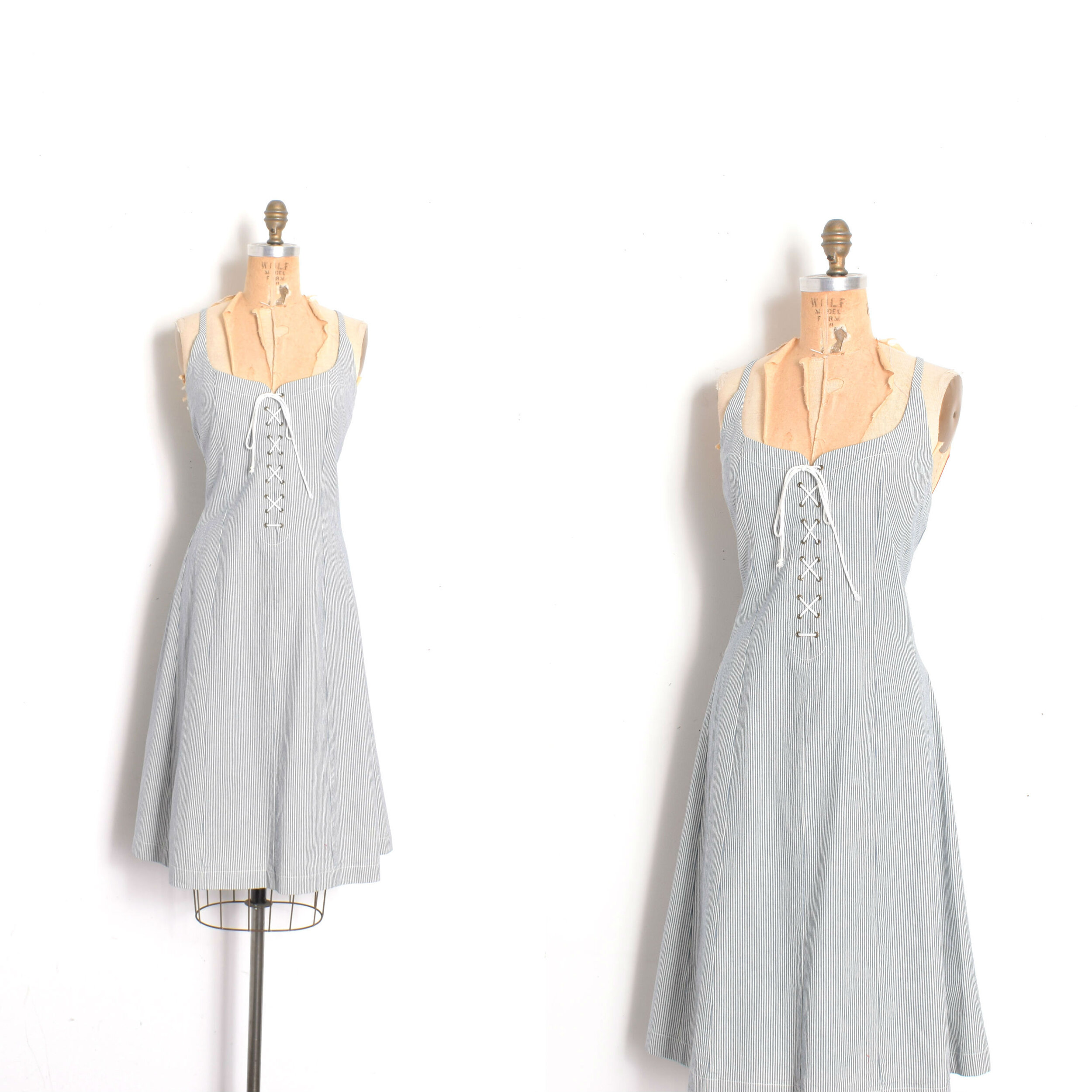 1980s Lace-Up Striped Denim Dress-M/L
