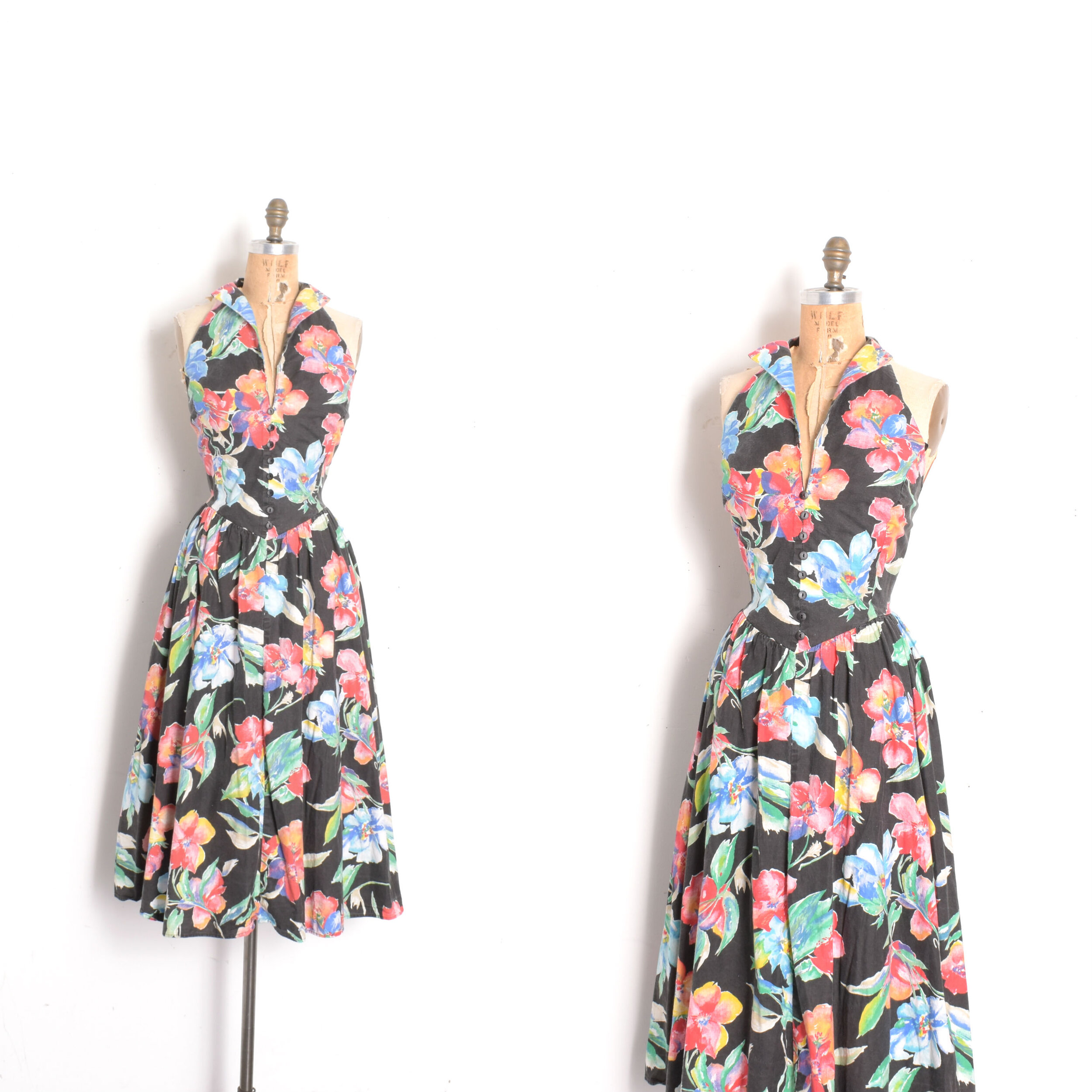 1980s Bright Floral Cotton Halter Dress-large