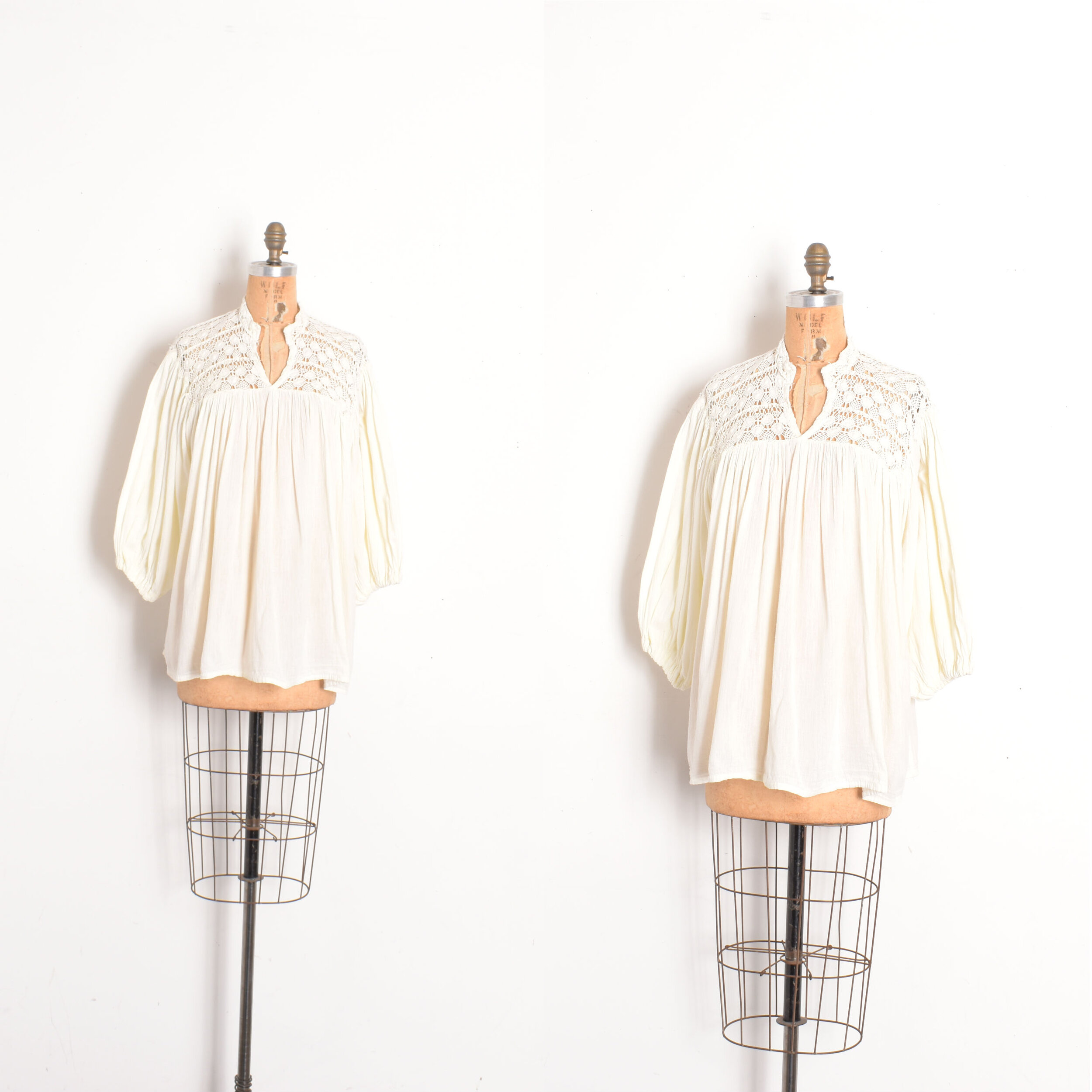 1970s Cotton Gauze and Crochet Blouse-S/M/L