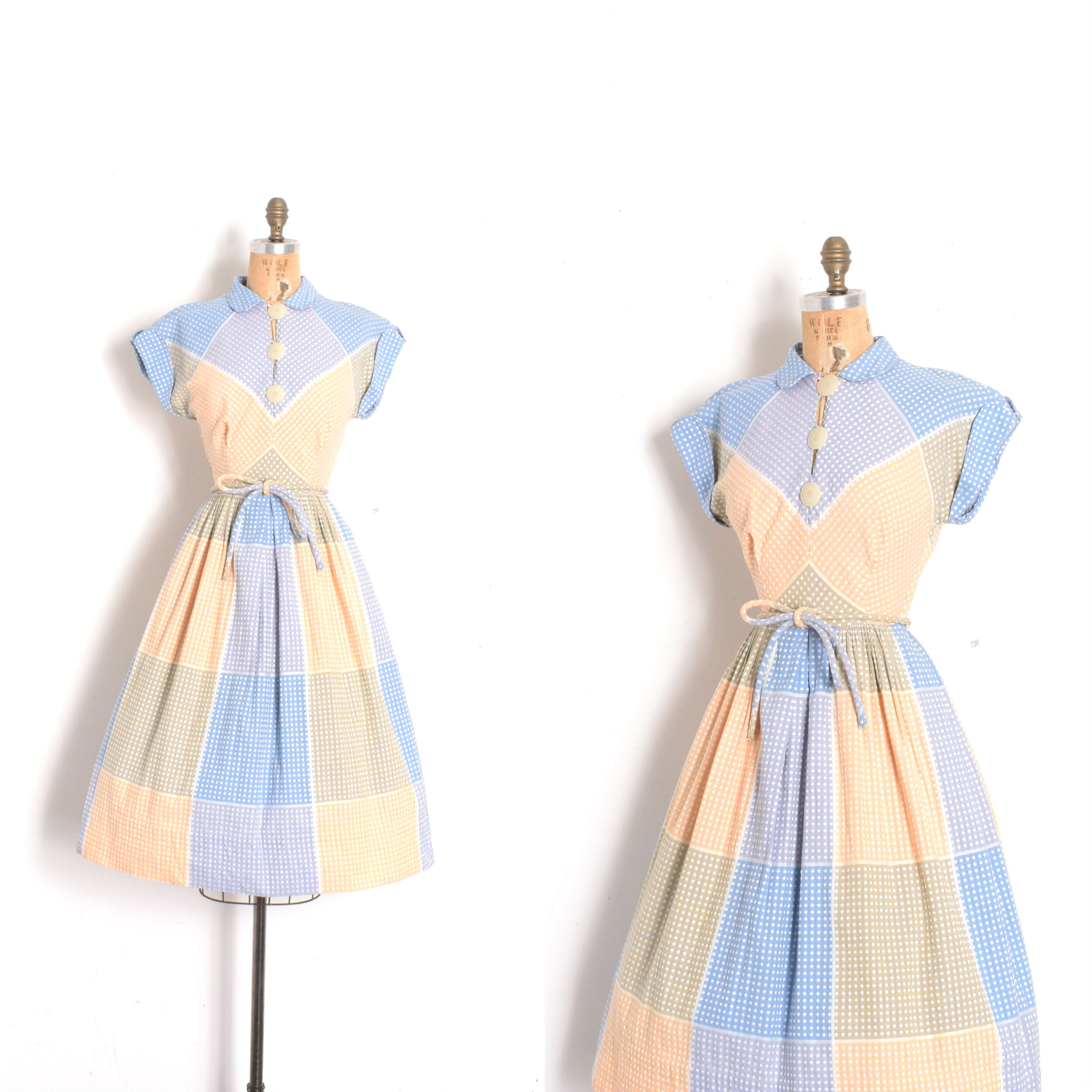 1950s Pastel Polka Dot &amp; Plaid Dress-XS