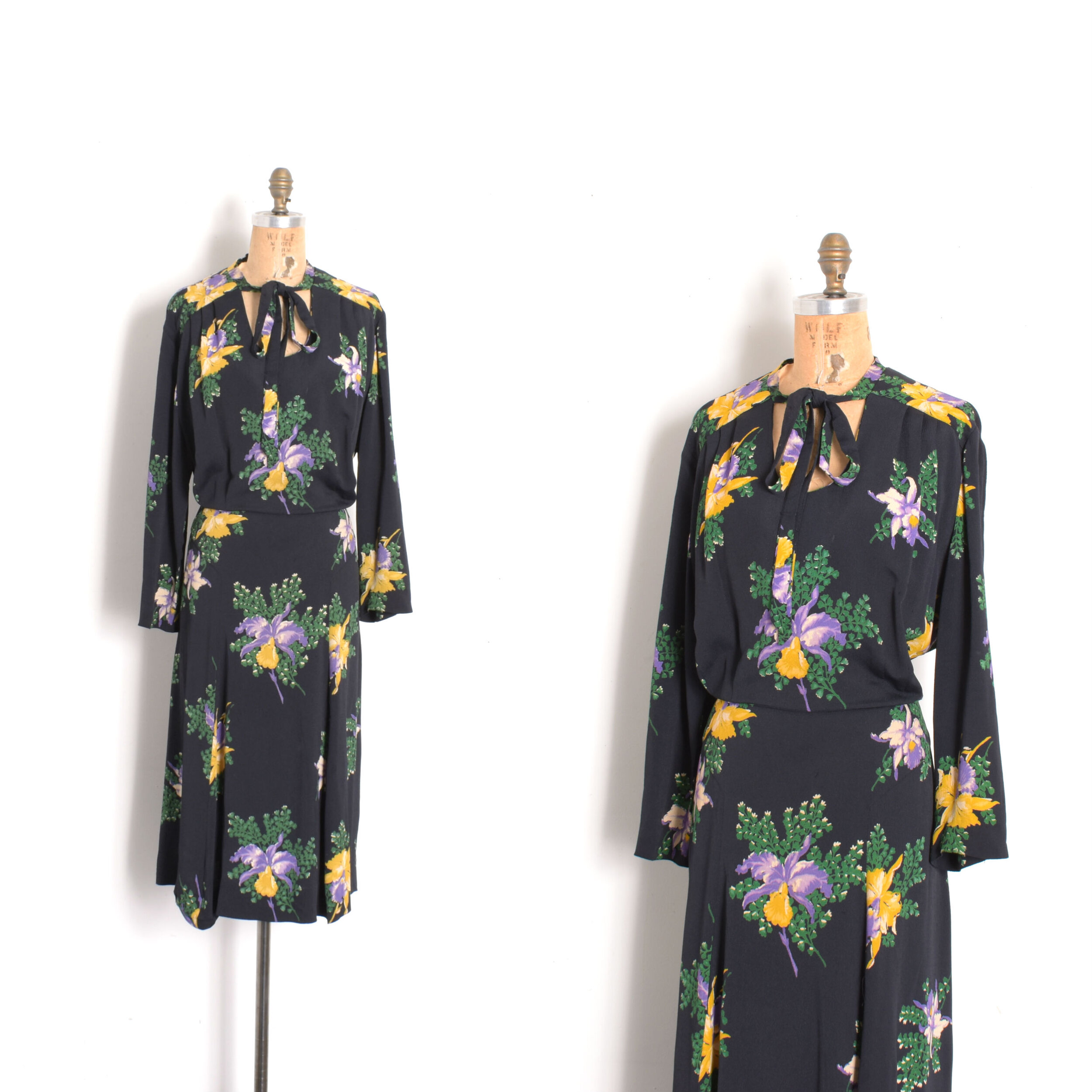 1940s Iris Print Rayon Dress-XL