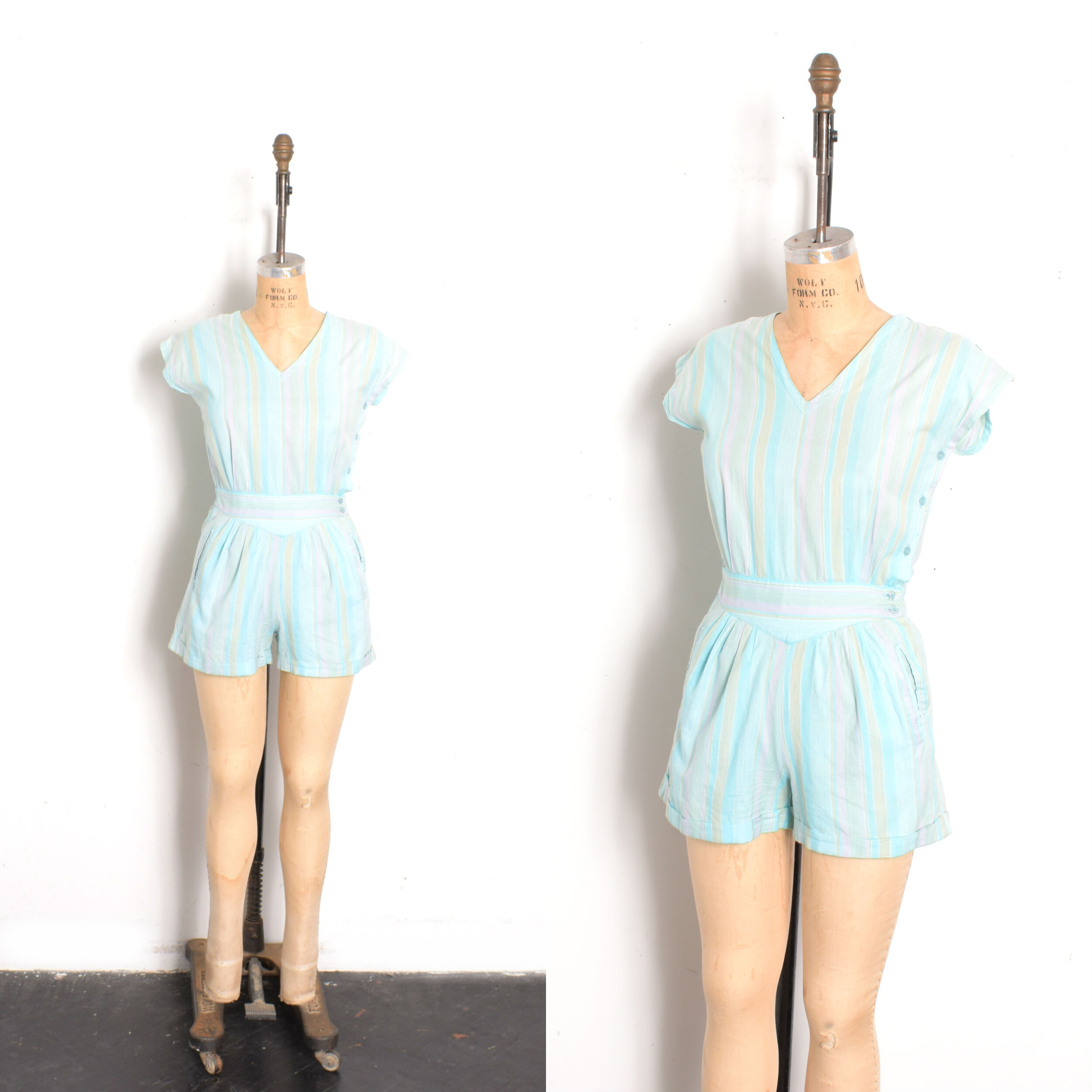 1980s Striped Cotton Side Button Romper-XS/S