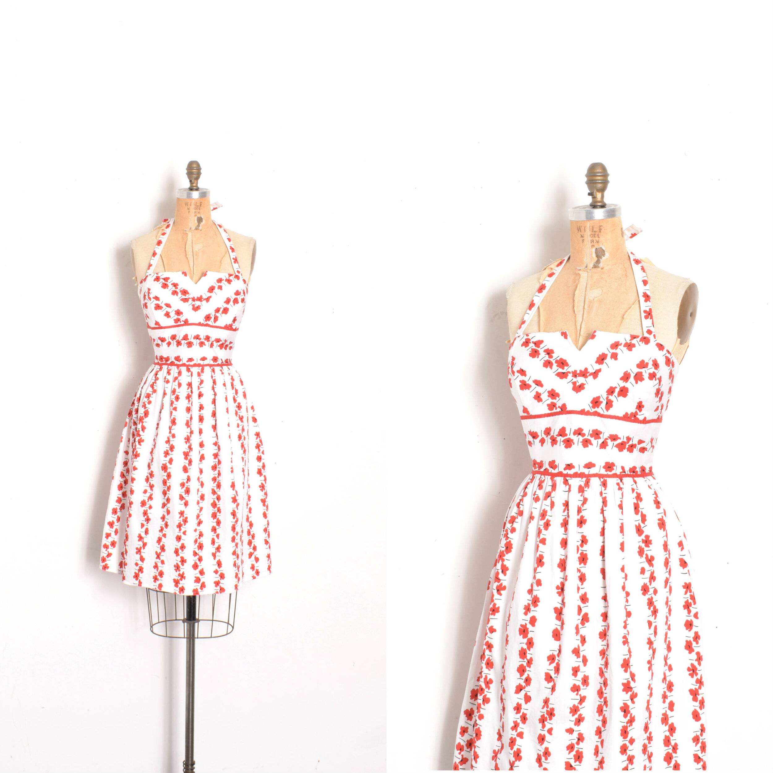 1980s Poppy Print Cotton Halter Dress-M/L