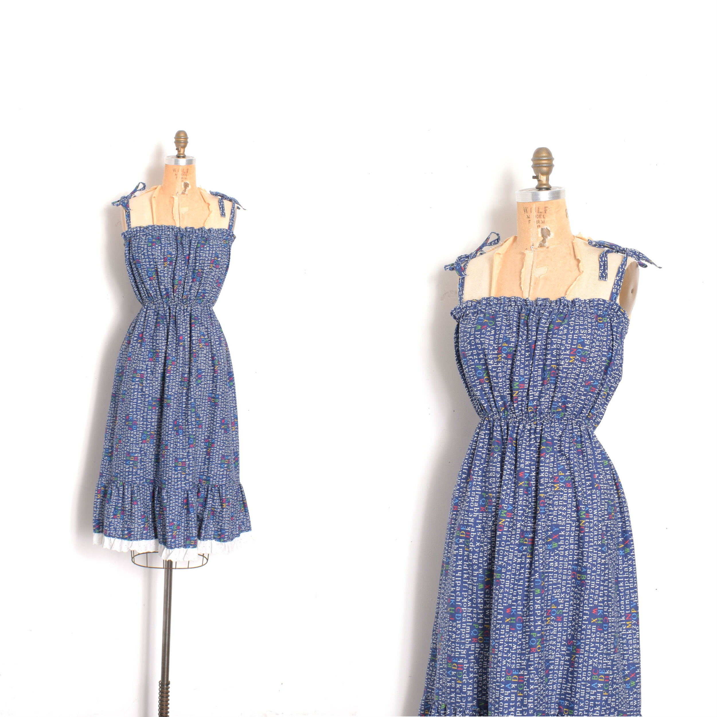1970s Alphabet Print Cotton Sundress-M/L