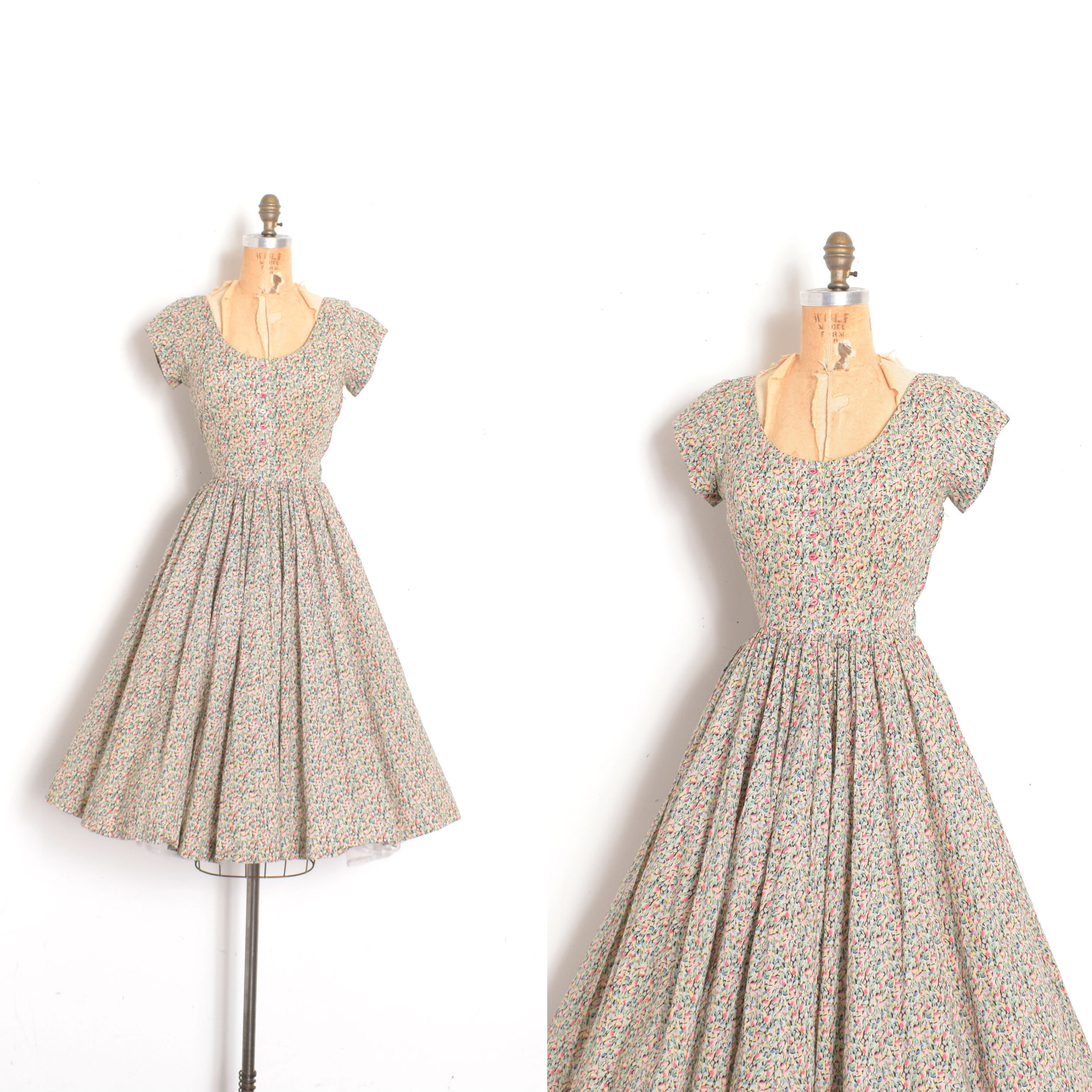 1980s Tiny Floral Print Scoop Neck Dress-medium