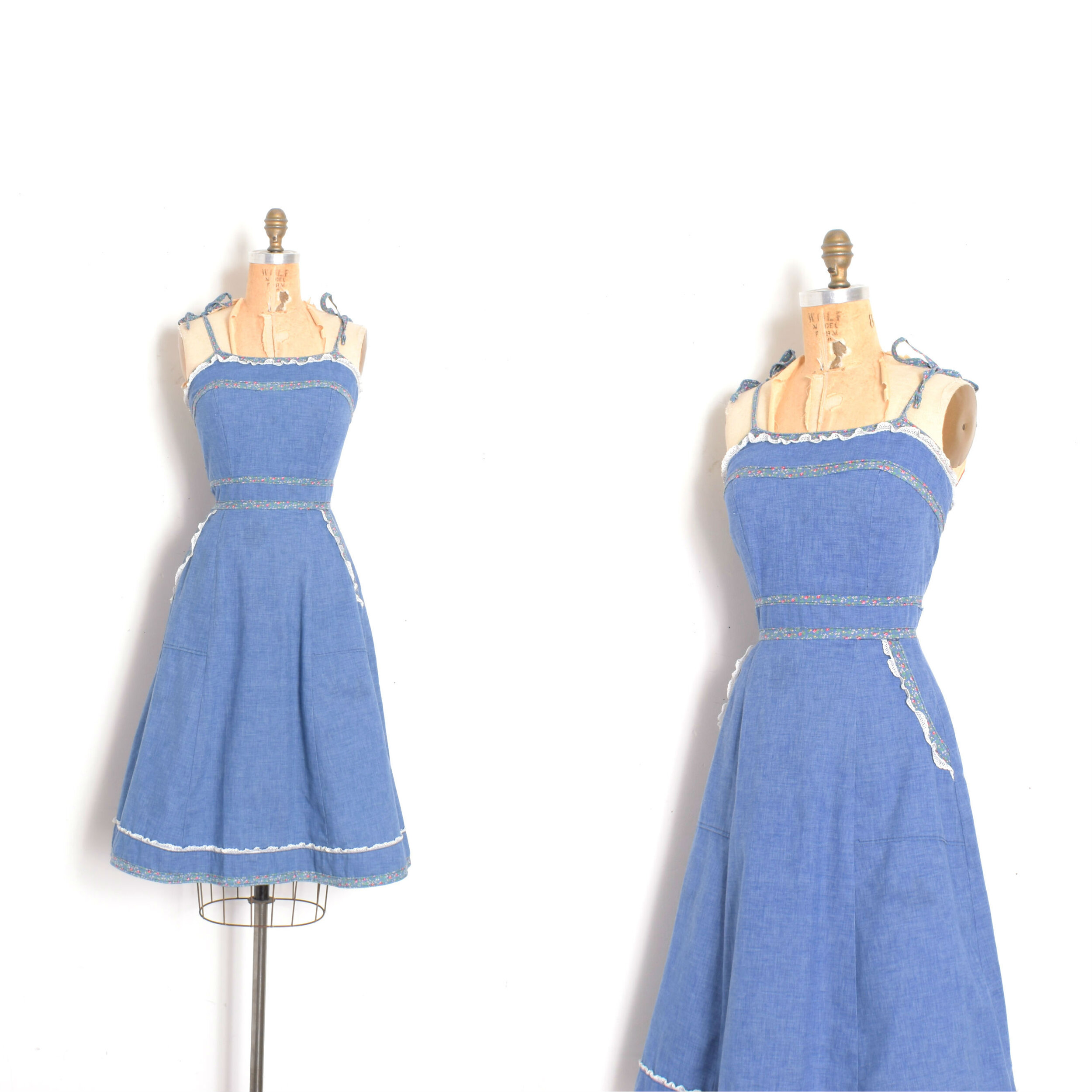 1970s Eyelet and Floral Trim Denim Sundress-small