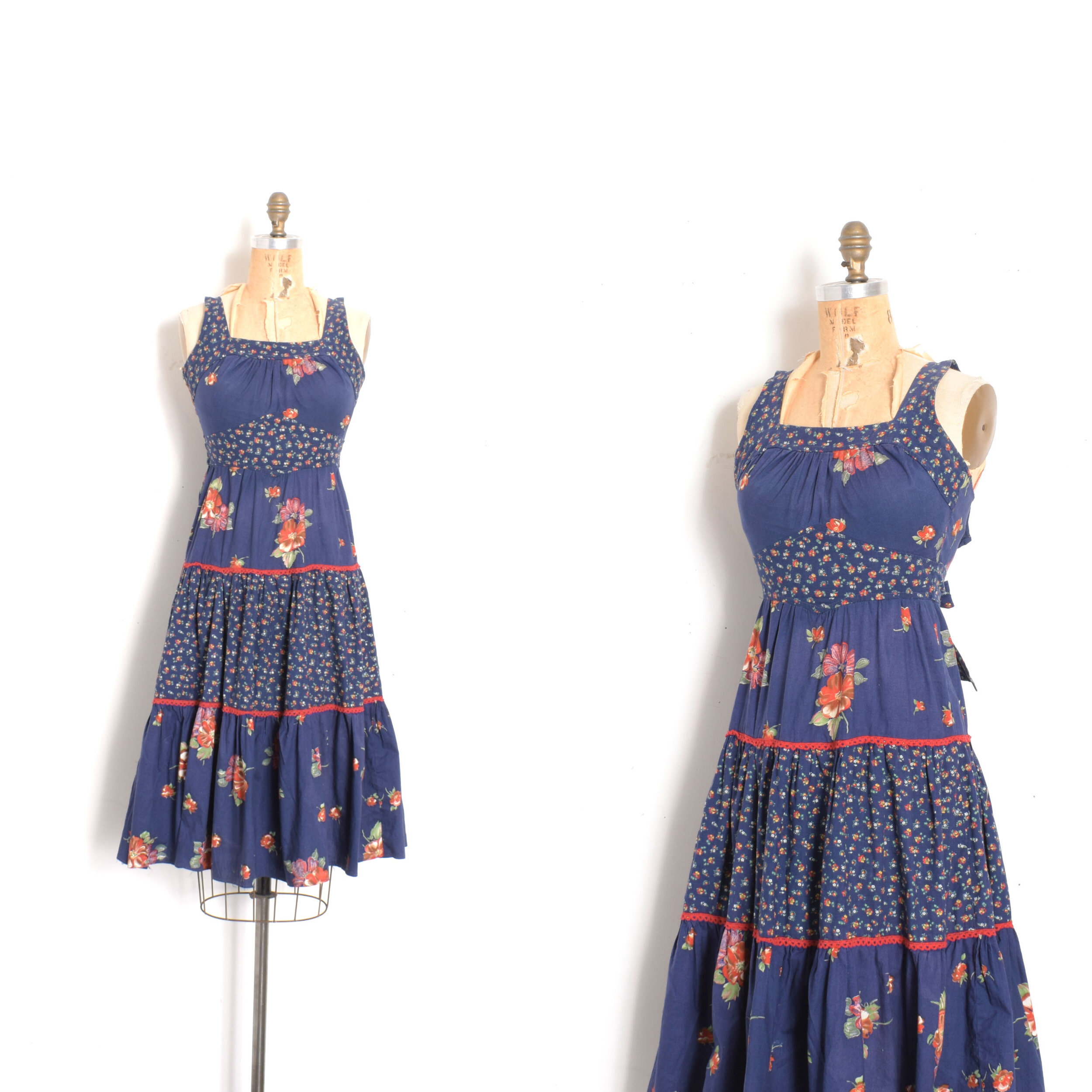 1970s Navy Floral Tiered Sundress-XS