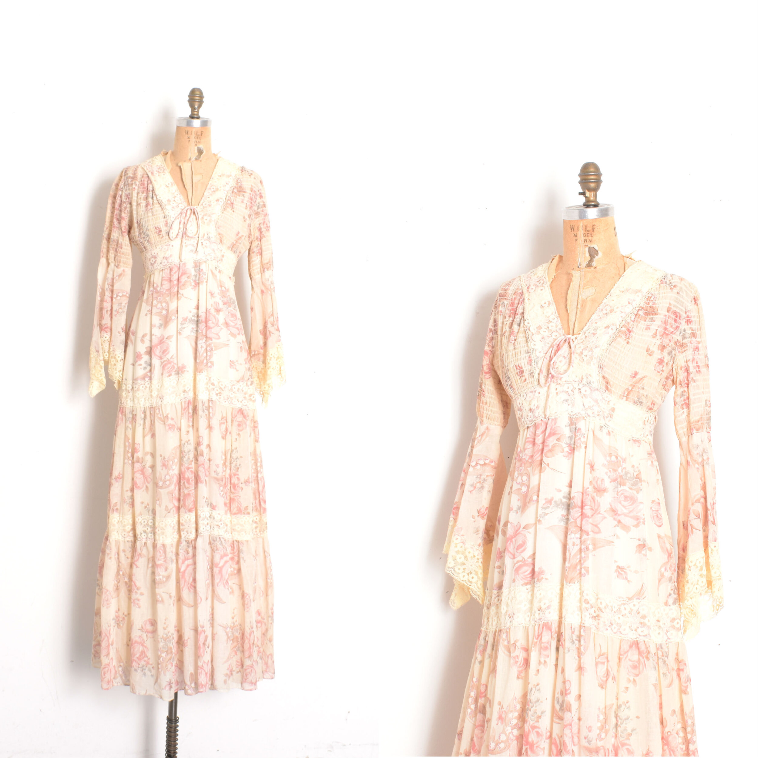1970s Rose Print Peasant Dress-XS/S
