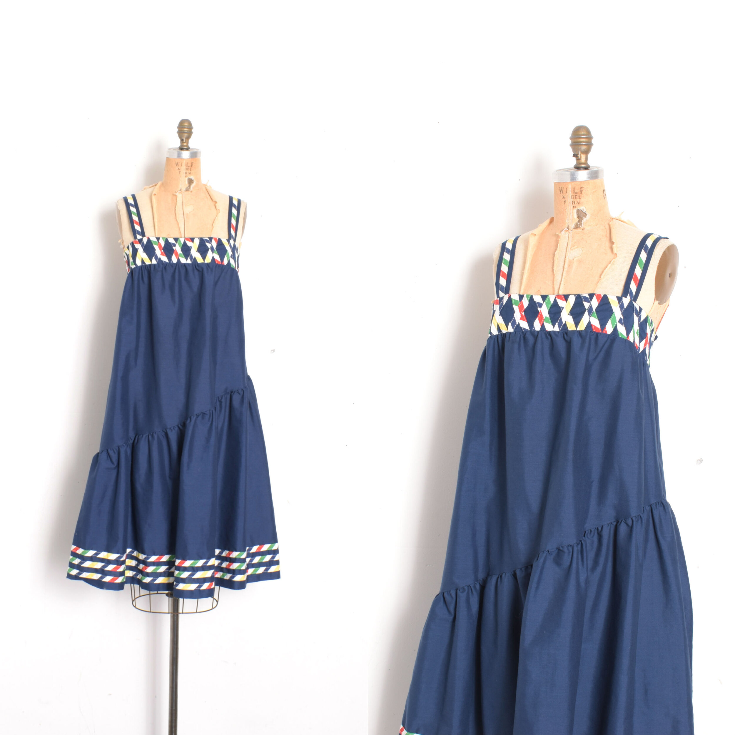 1980s Navy Blue Tent Dress with Striped Trim-M/L