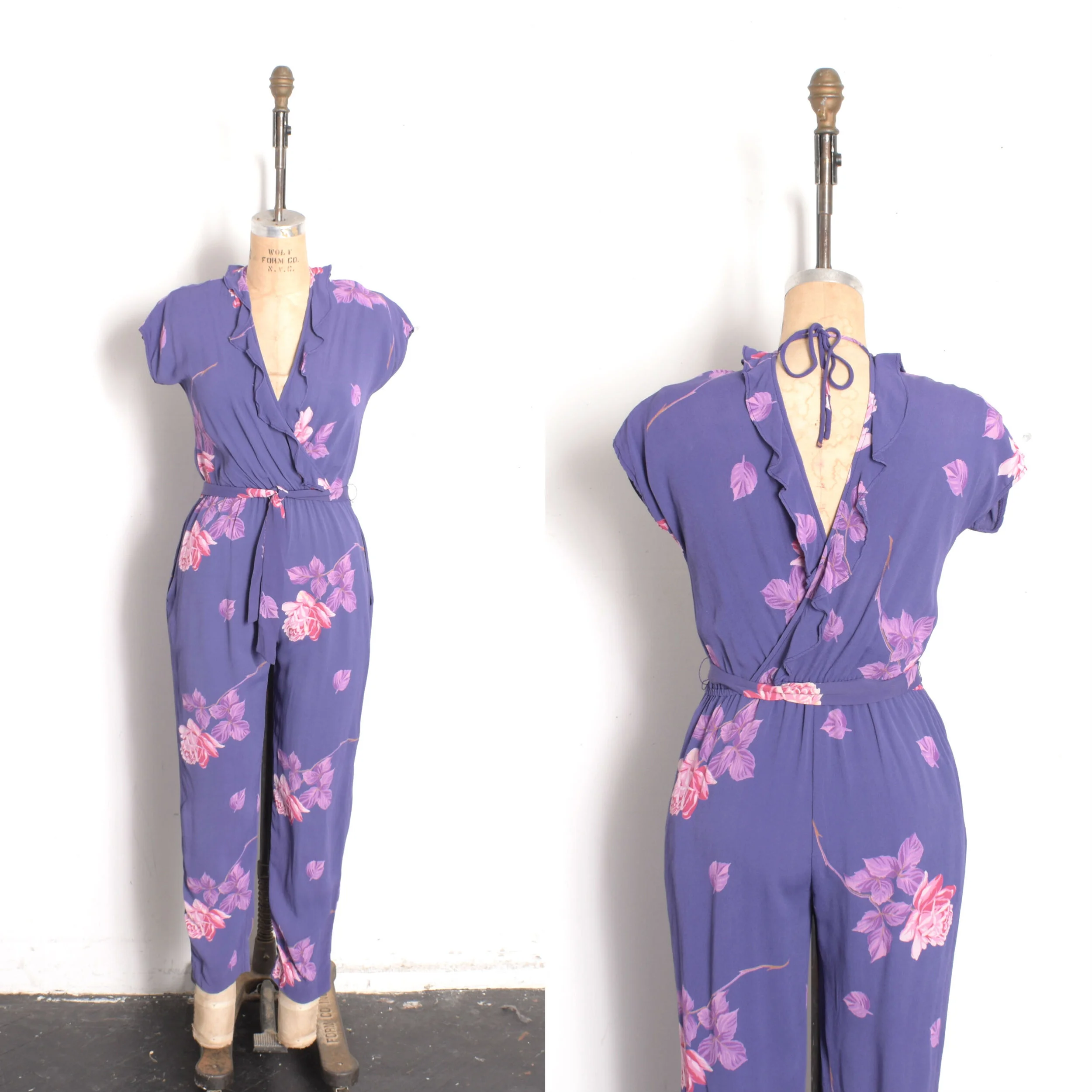 1970s purple rayon rose print backless jumpsuit