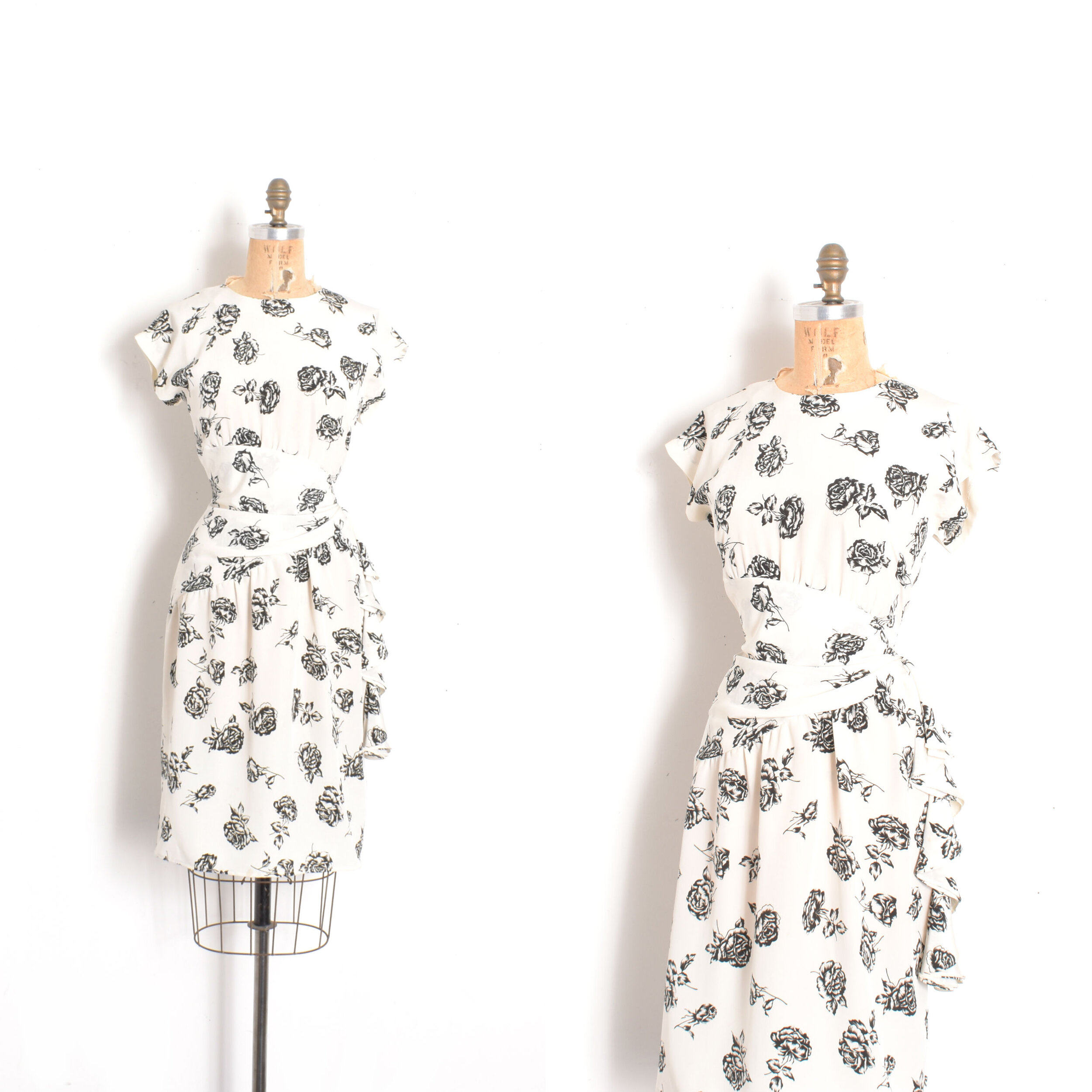 1980s Black and White Rose Dress-medium