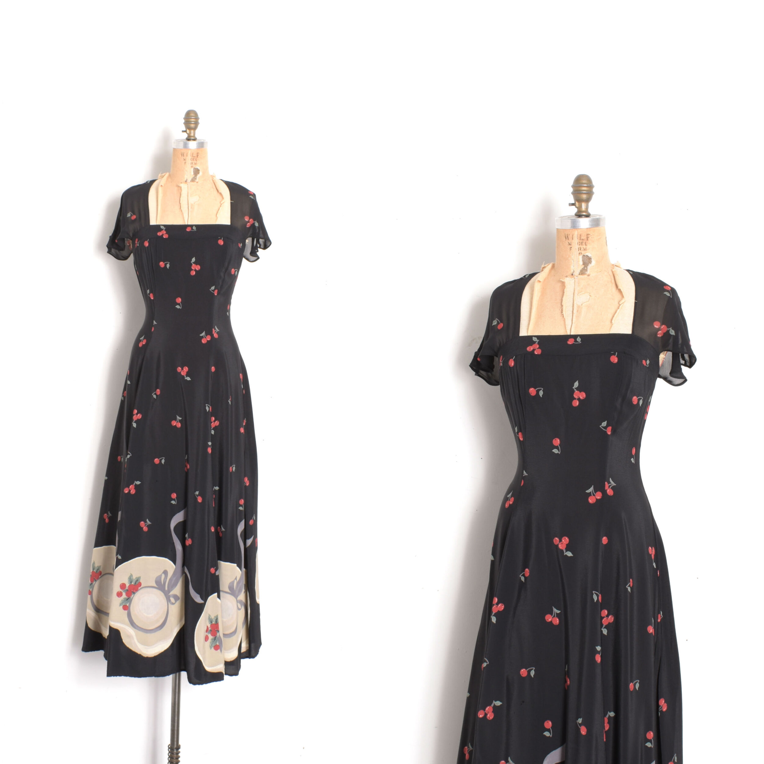 1980s cherry and sun hat border print rayon maxi dress