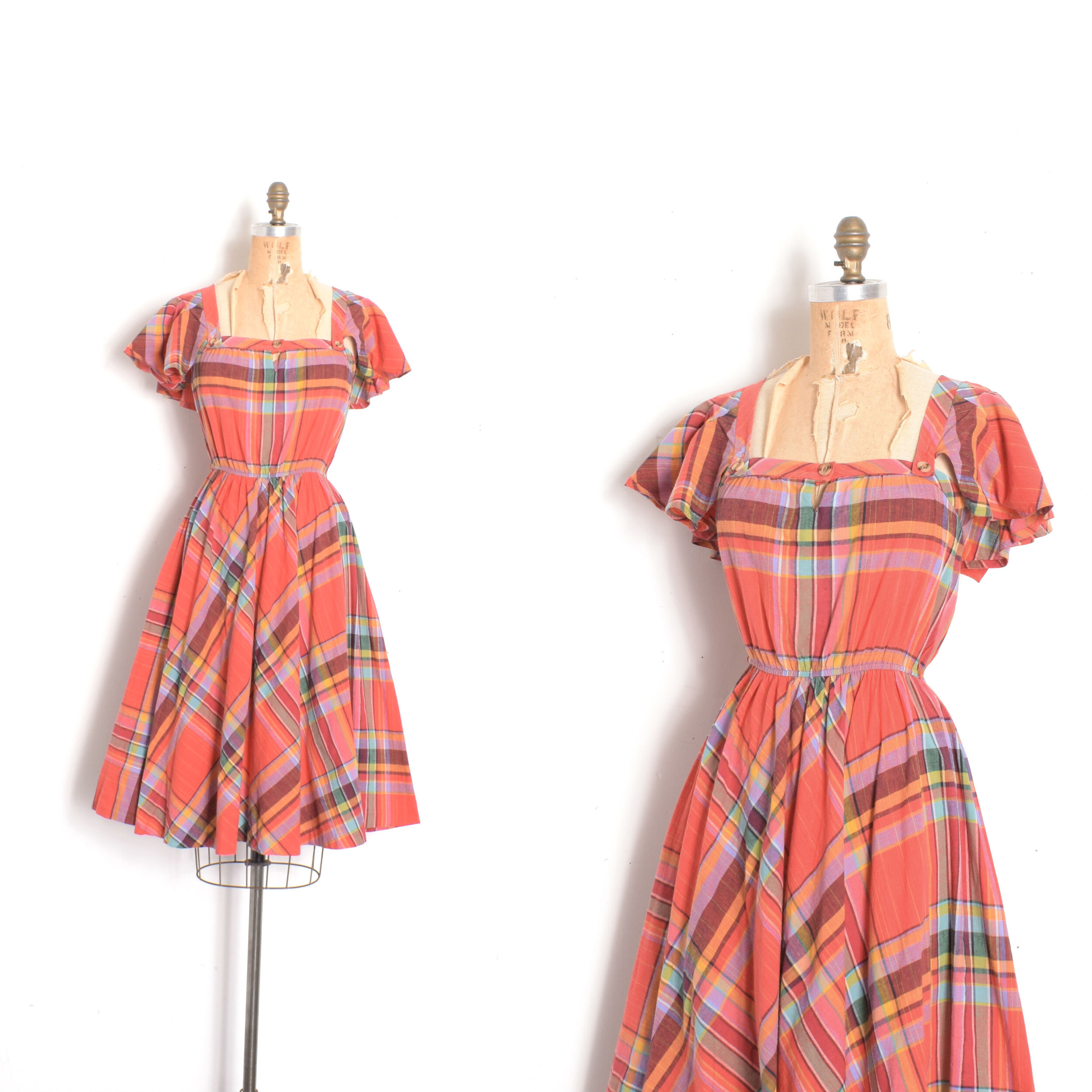 1980s Plaid Flutter Sleeve Dress-XS/S
