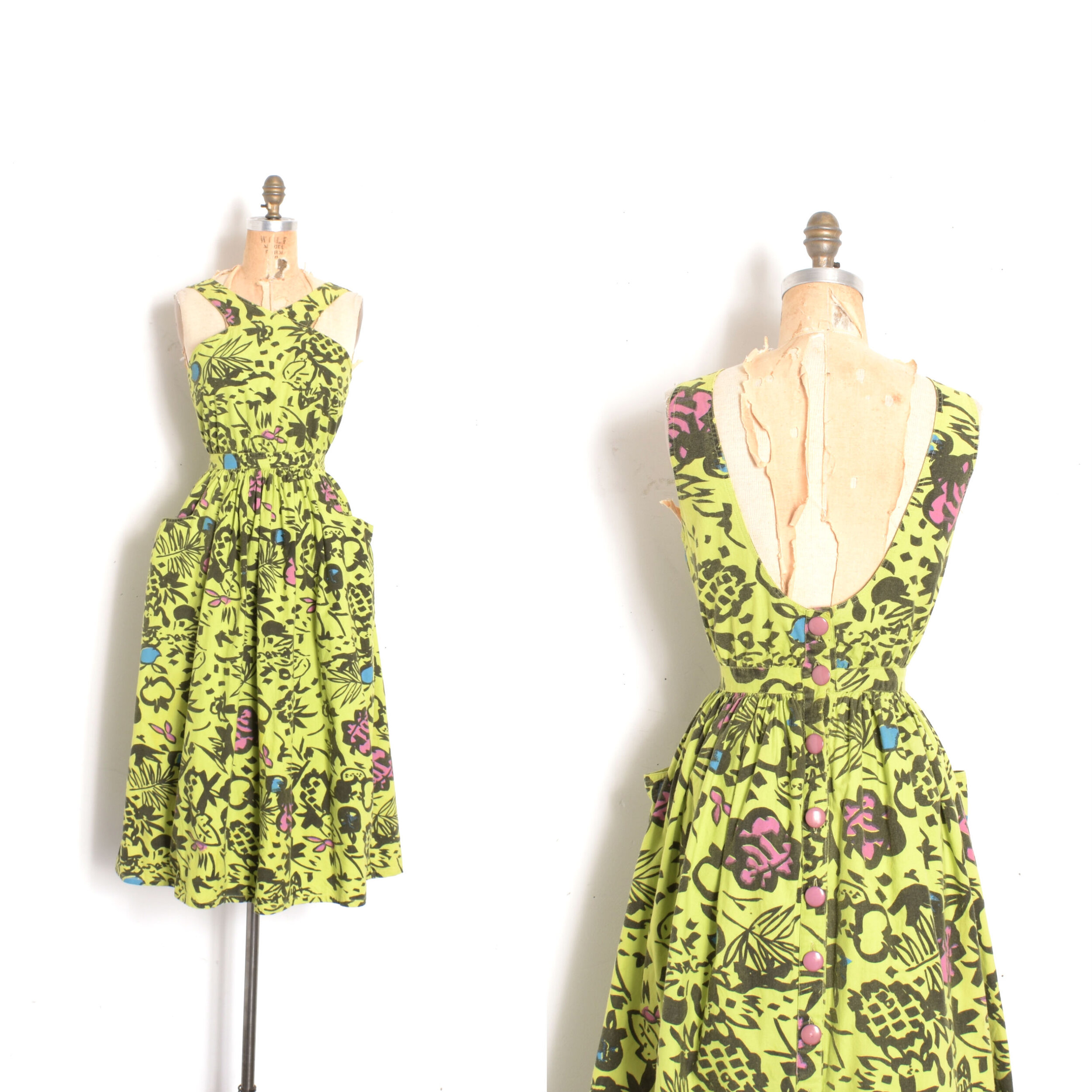 1980s Gil Aimbez Lime Floral Dress-small