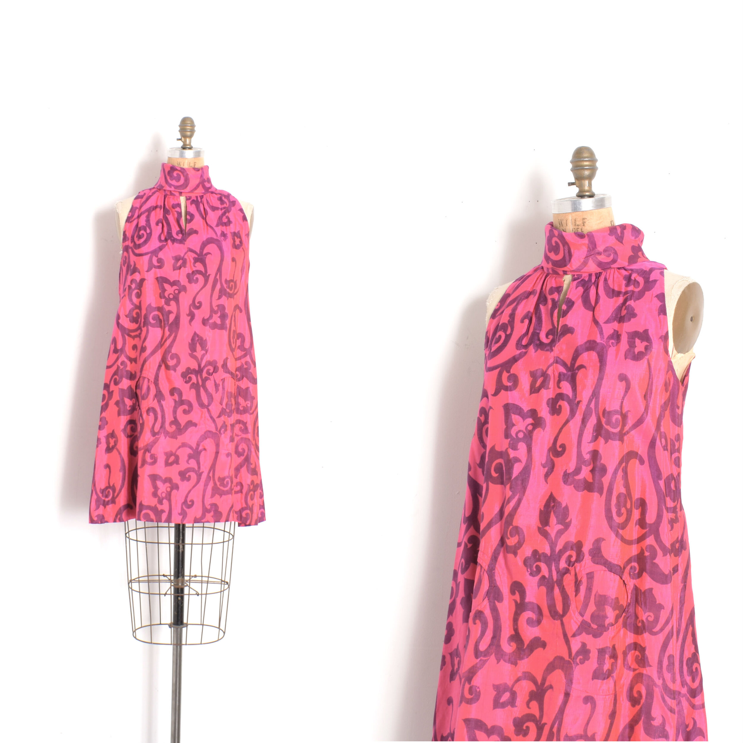 1960s Raw Silk Magenta Mini Dress-S/M