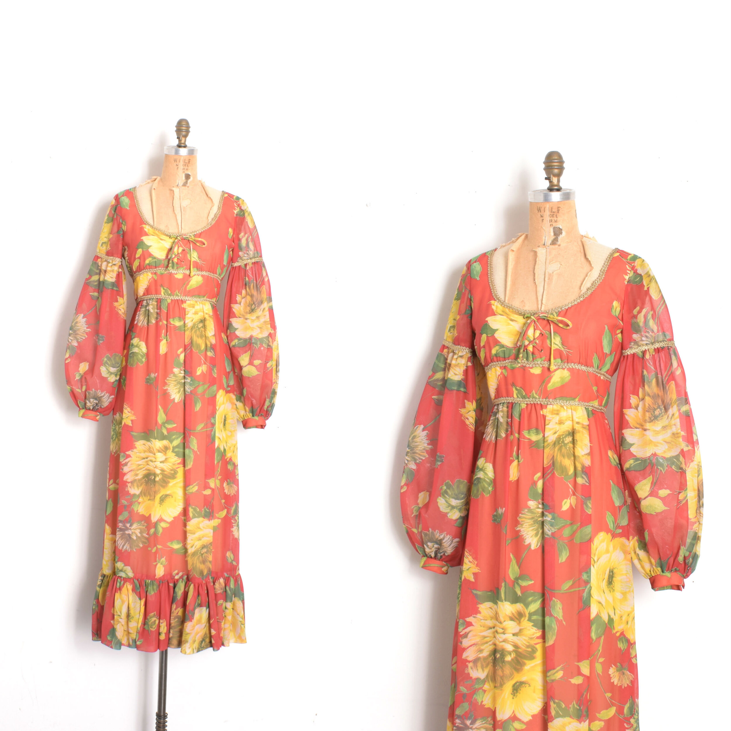 1970s Fall Florals Chiffon Prairie Dress-small