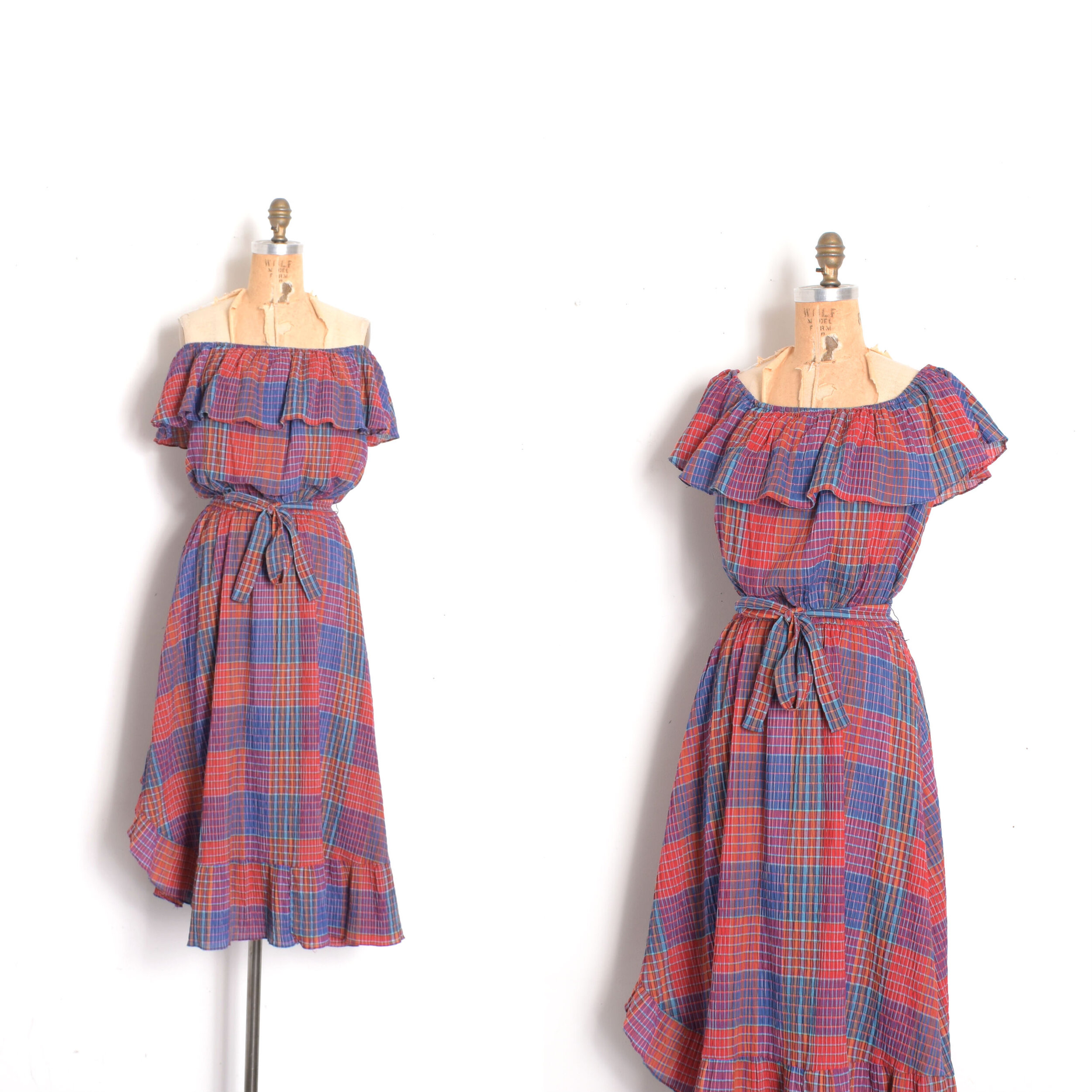 1970s Off Shoulder Plaid Dress-M/L
