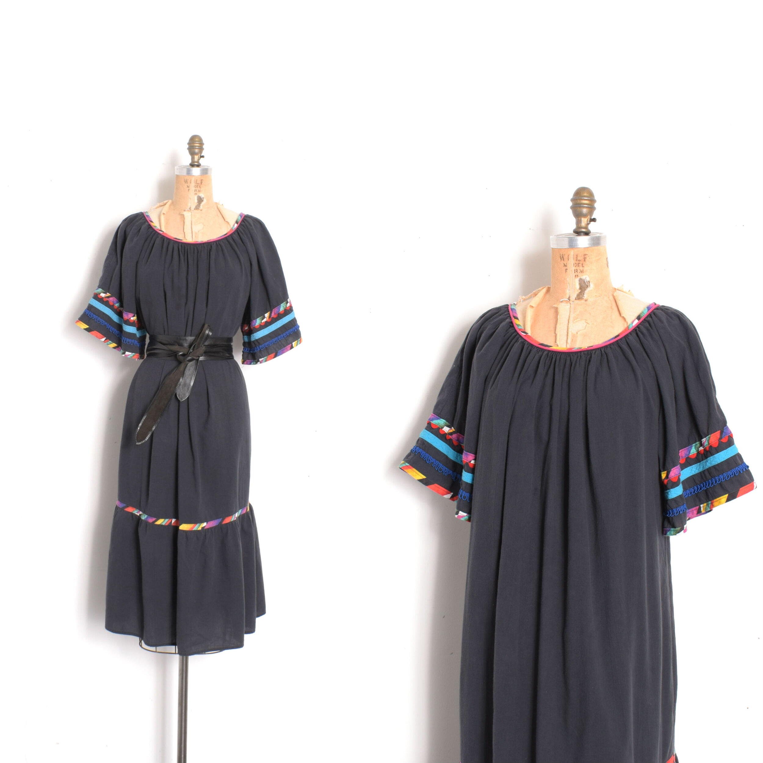 1980s Black & Colorful Cotton MuuMuu-S/M/L