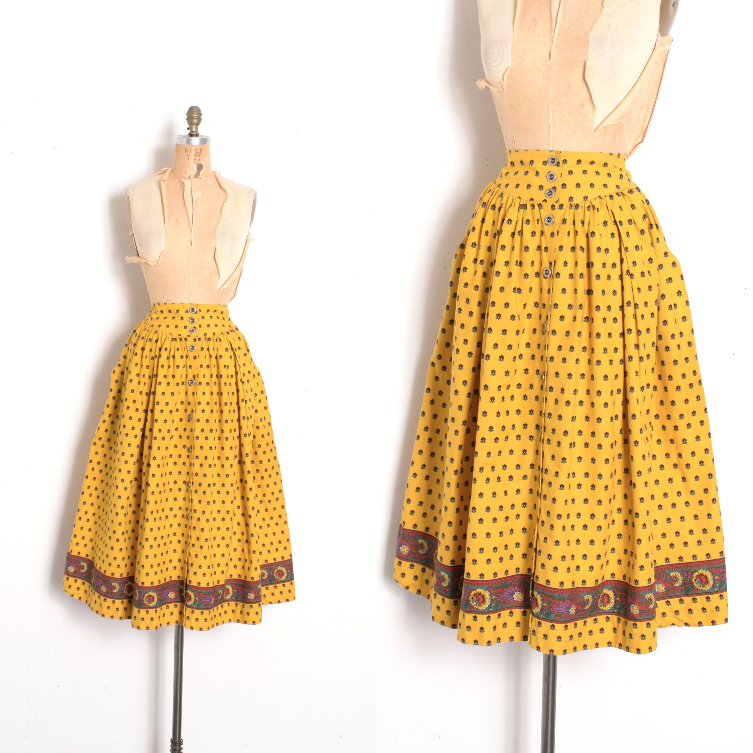 1980s Mustard Border Print Skirt-S/M