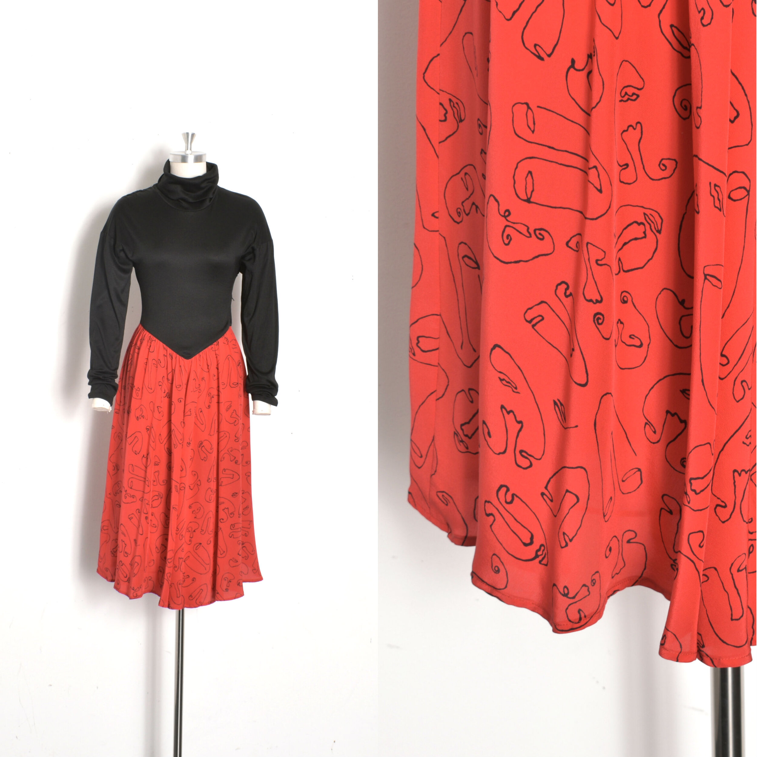 1980s Abstract Faces Silk Dress-S/M