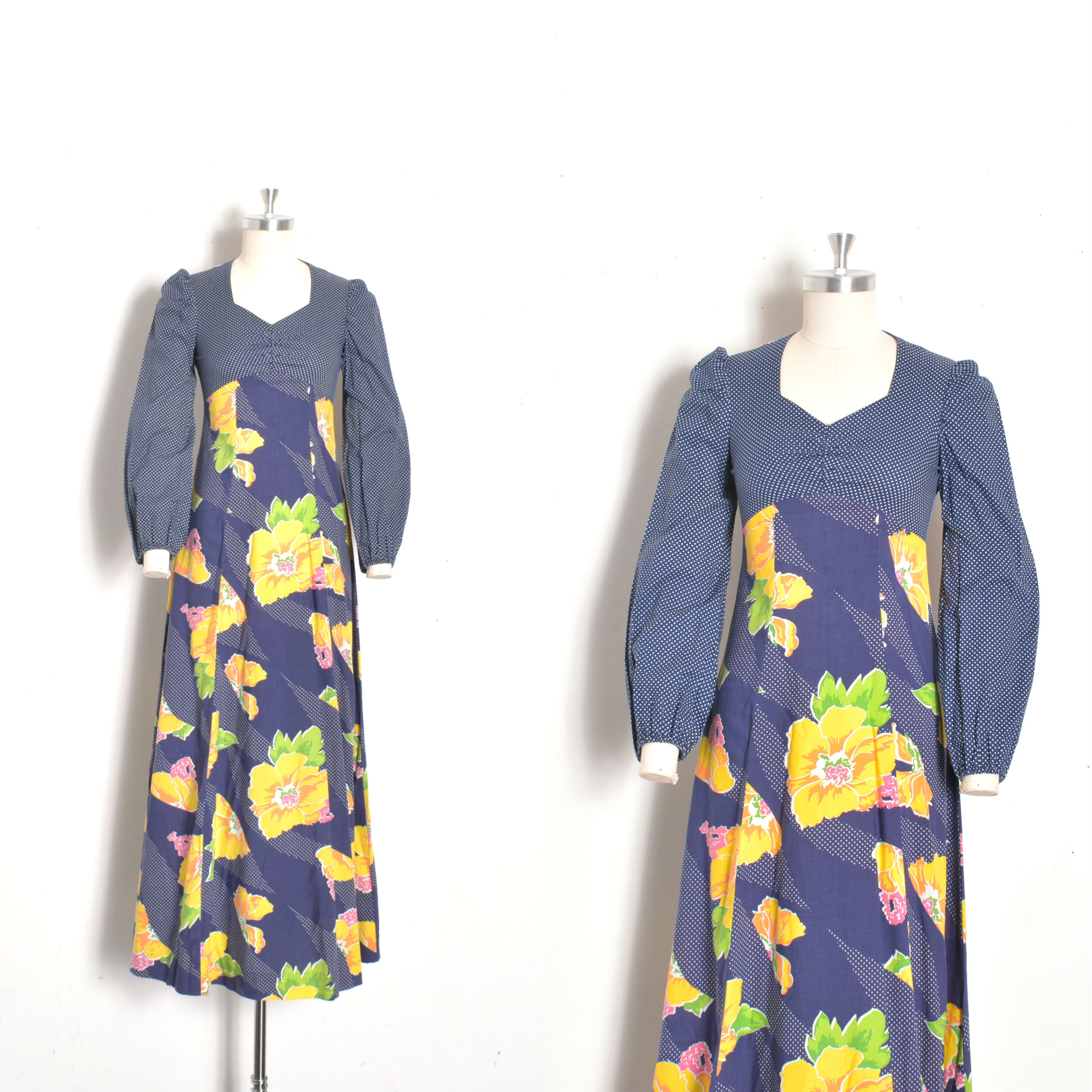 1970s Floral and Polka Dot Prairie Dress-XS