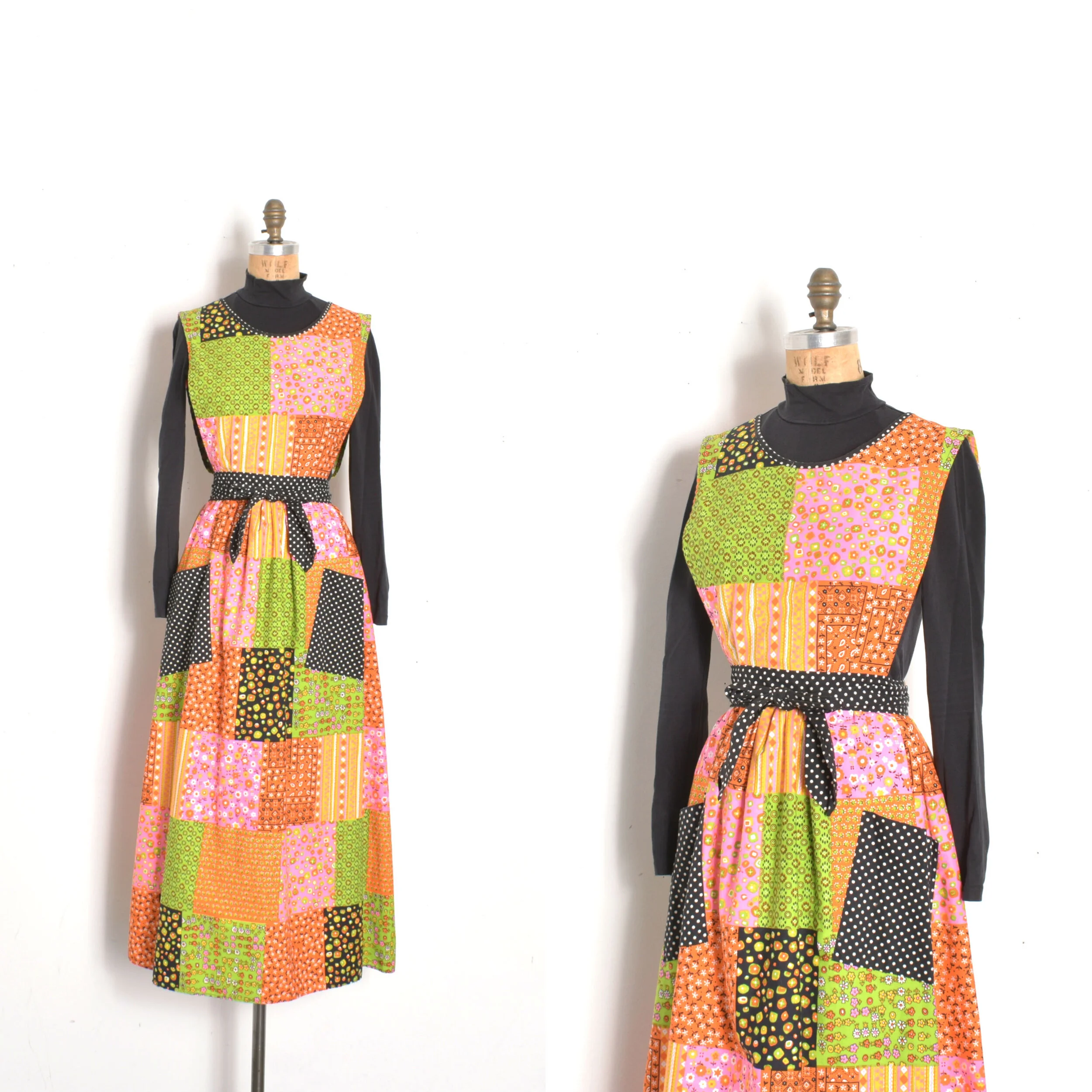 1970s patchwork print cotton pinafore maxi dress