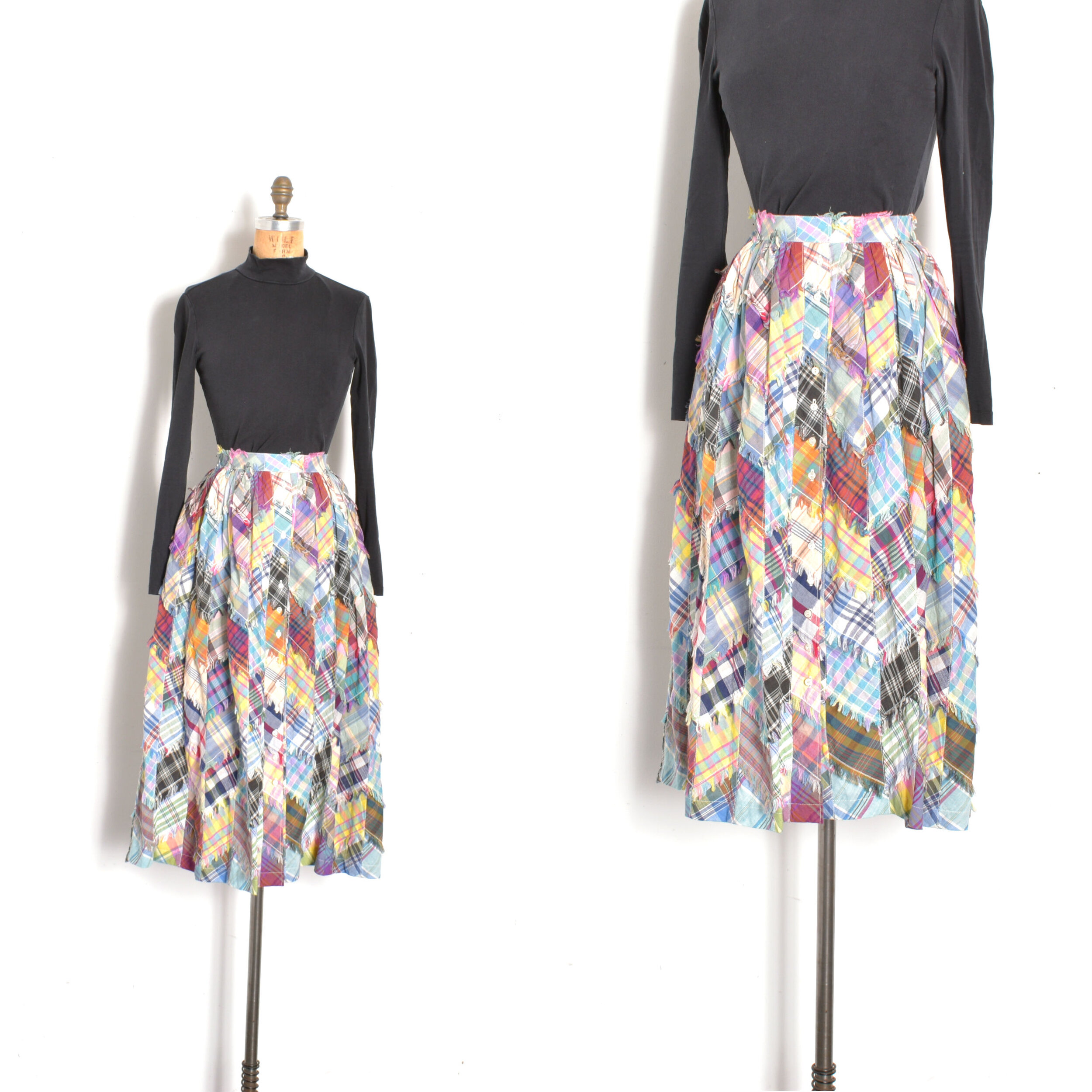 1980s Patchwork Plaid Cotton Skirt-medium