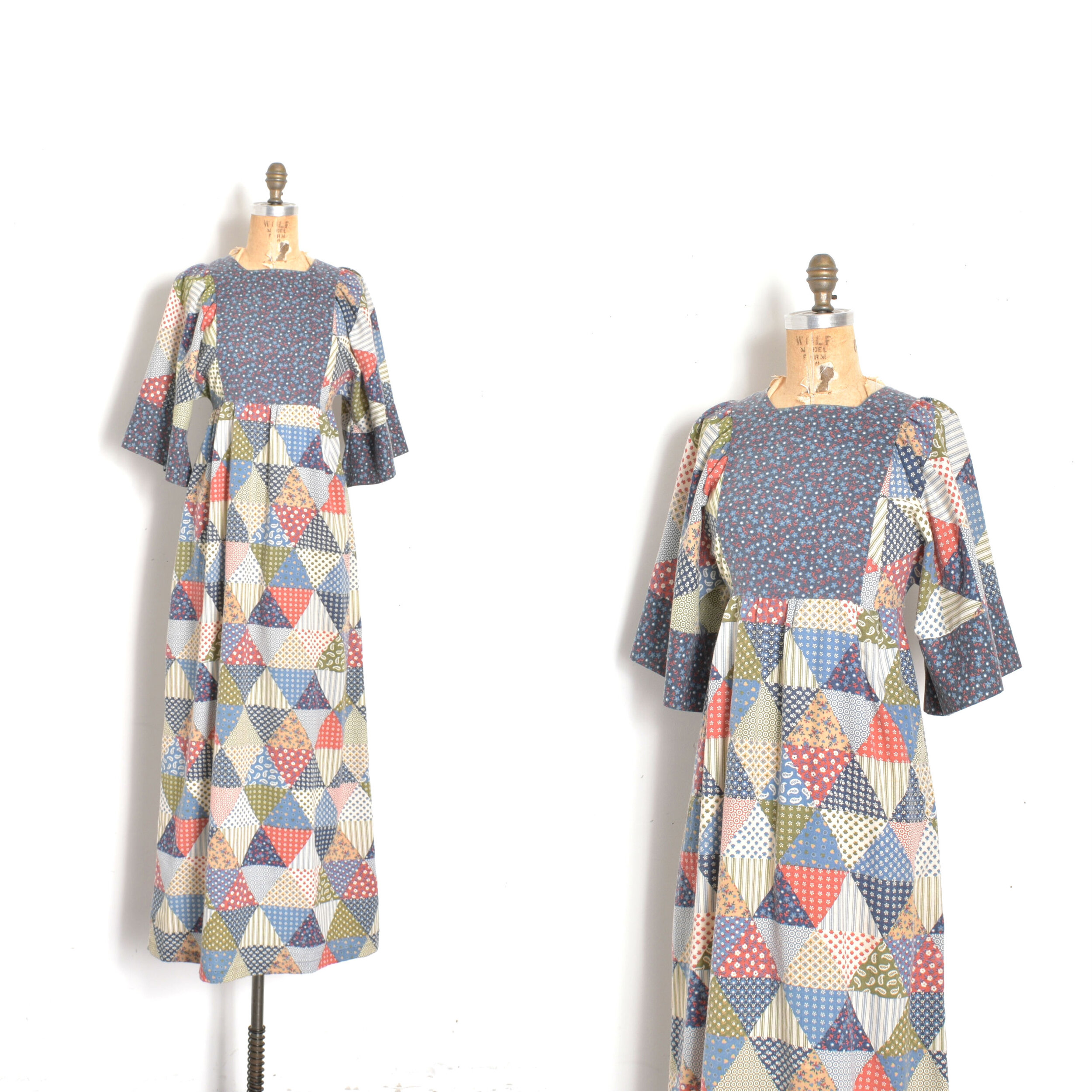 1970s Patchwork Cotton Maxi Dress-S/M