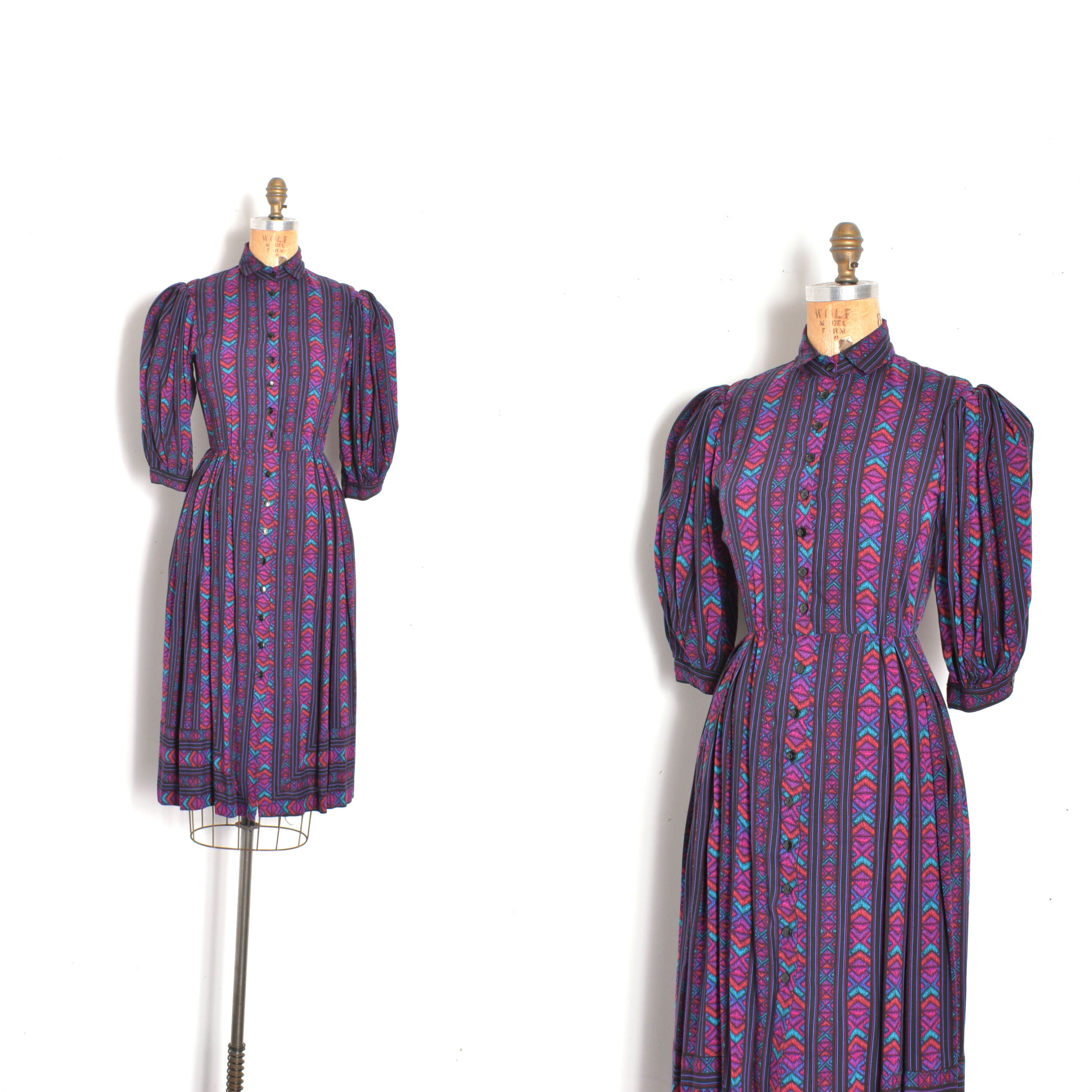 1980s Printed Puff Sleeve Shirtdress-small