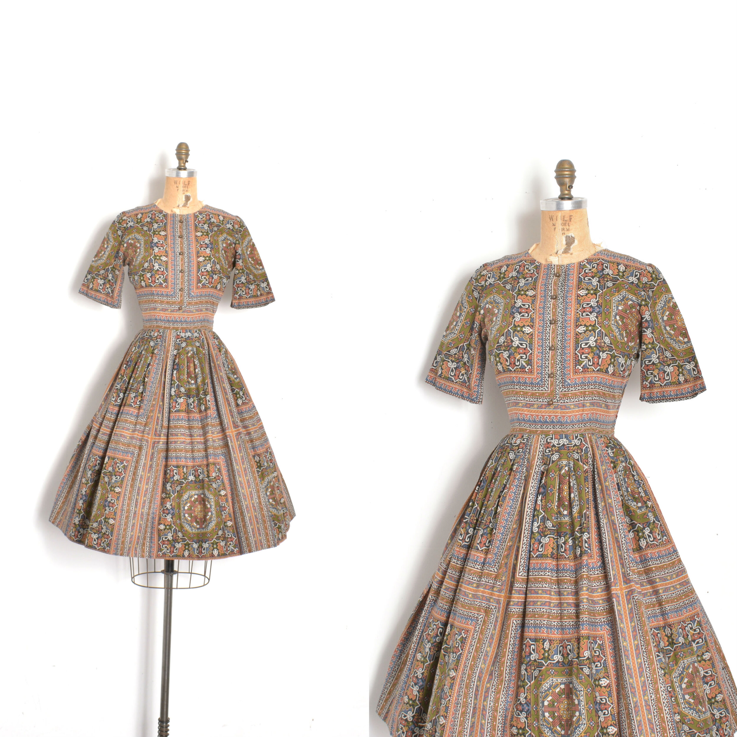 1950s Tapestry Print Cotton Dress-small