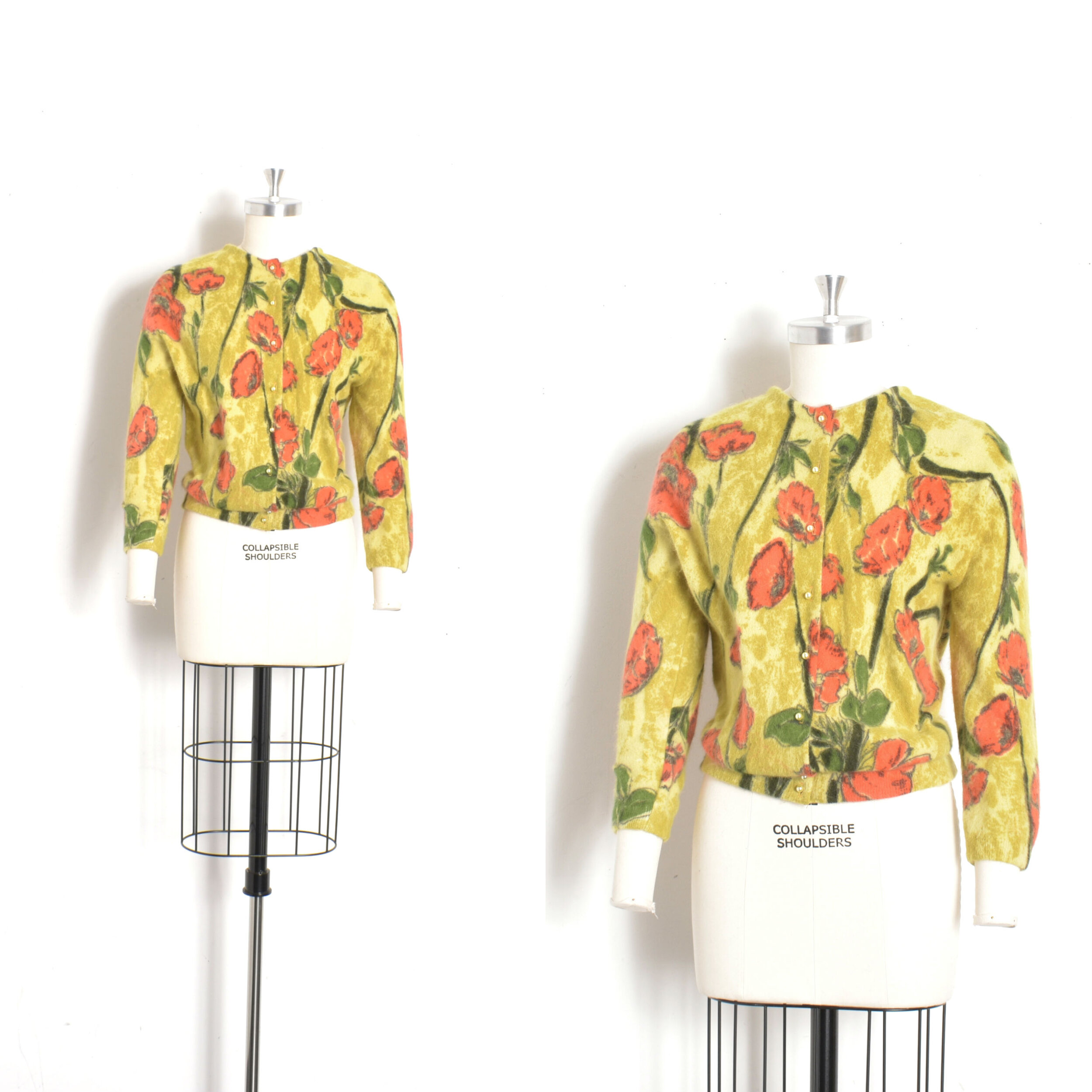 1950s Darlene Chartreuse Floral Cardigan-M/L