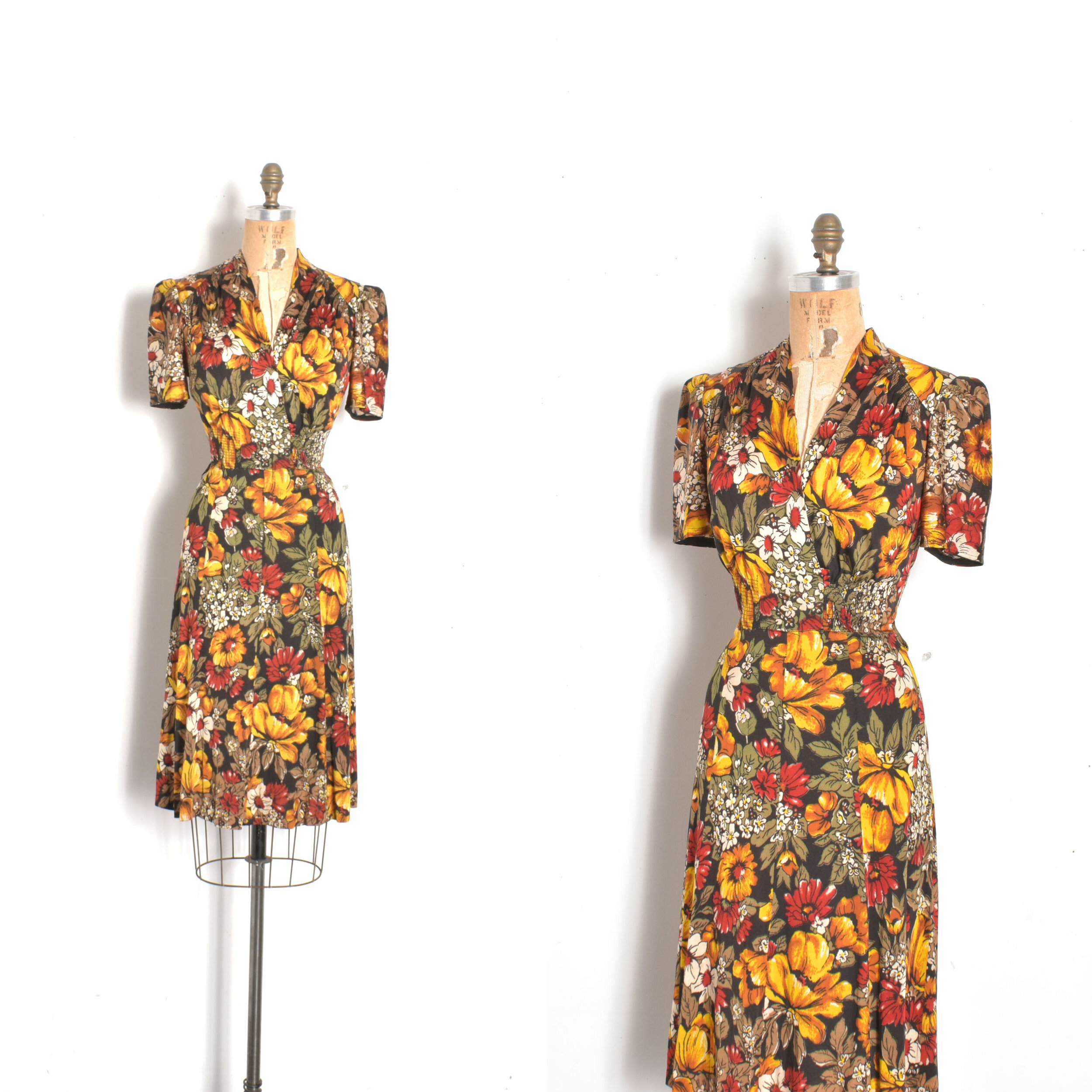 1940s Fall Florals Jersey Dress-S/M