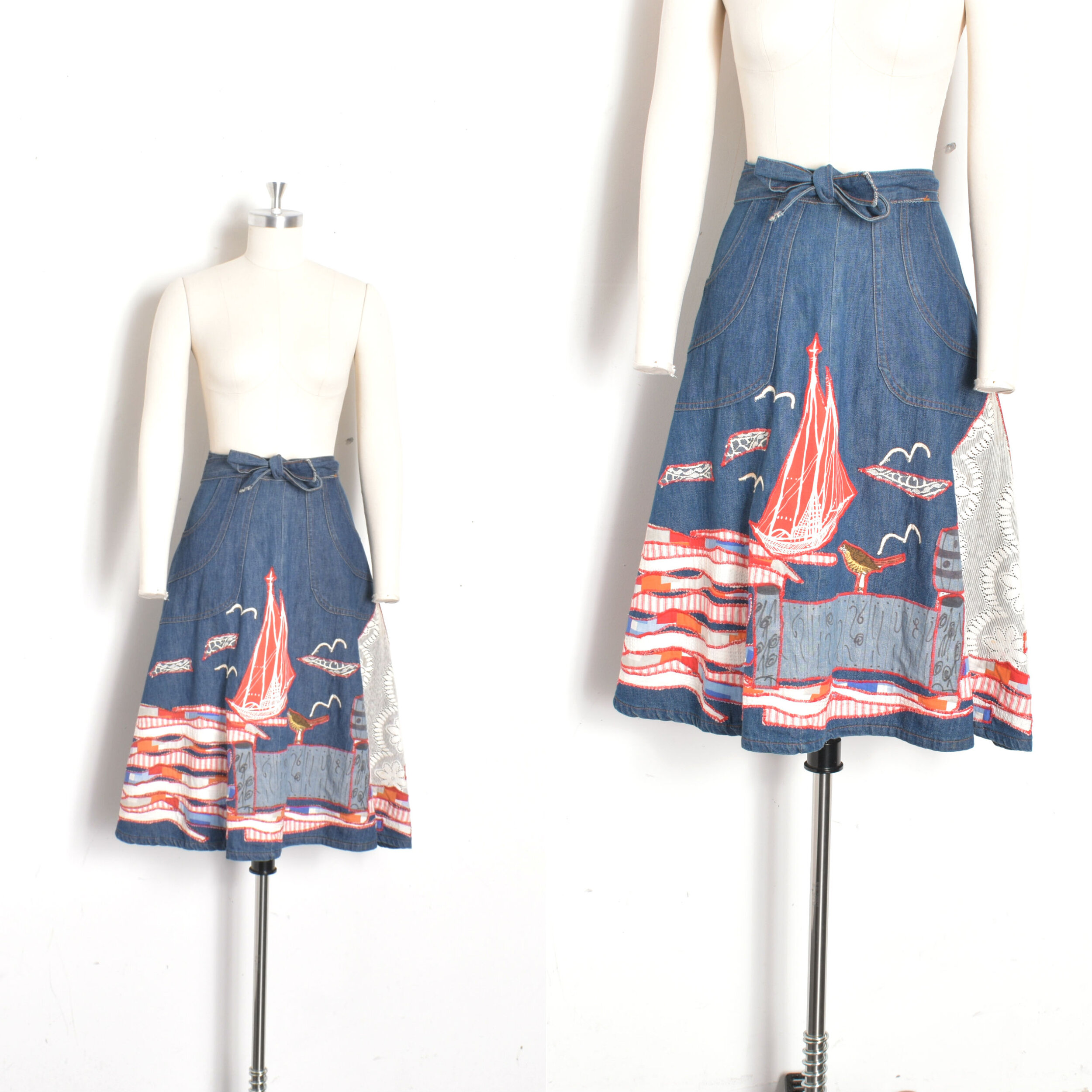 1970s Patchwork Denim Wrap Skirt-XS/S