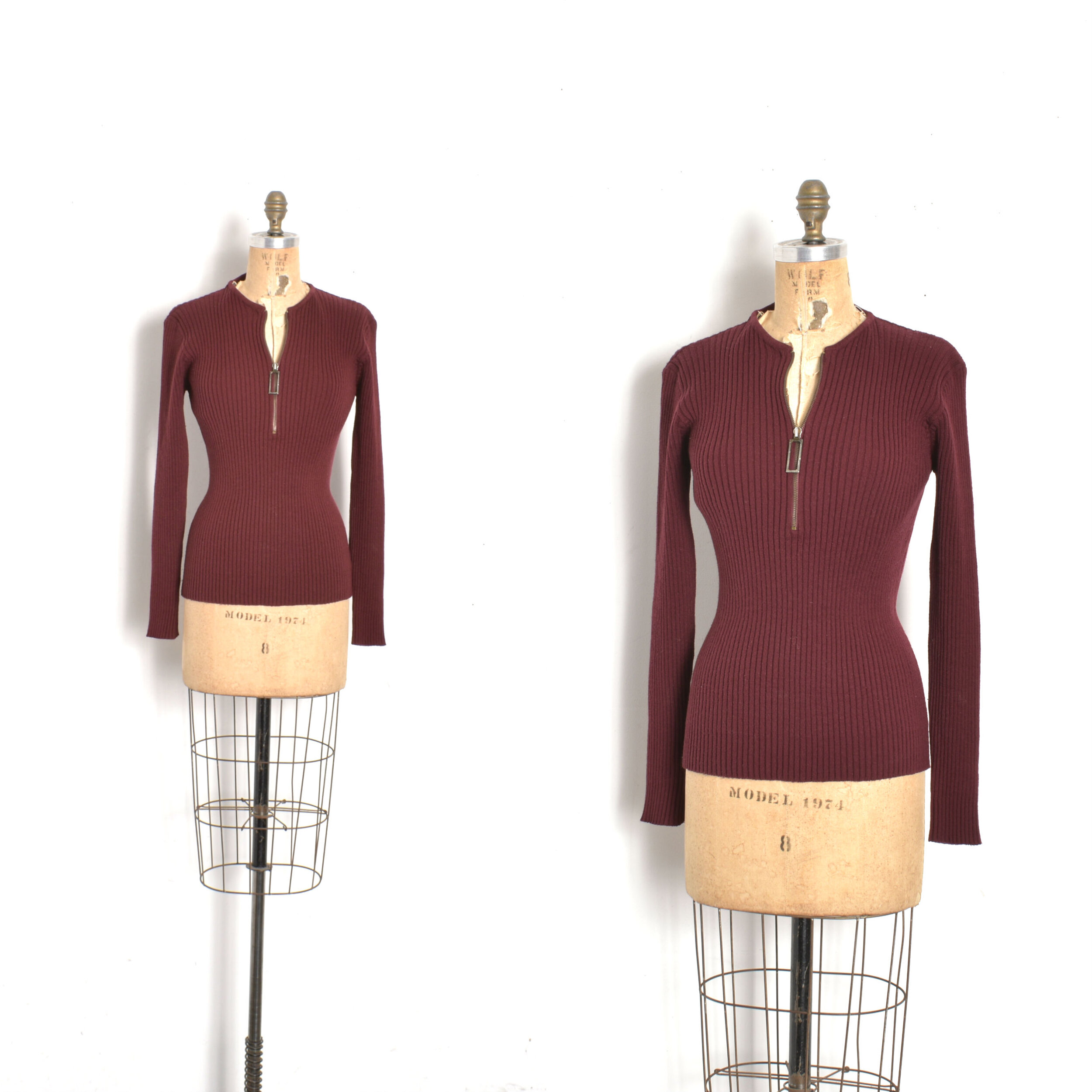 1970s Zip Up Ribbed Knit Top-S/M