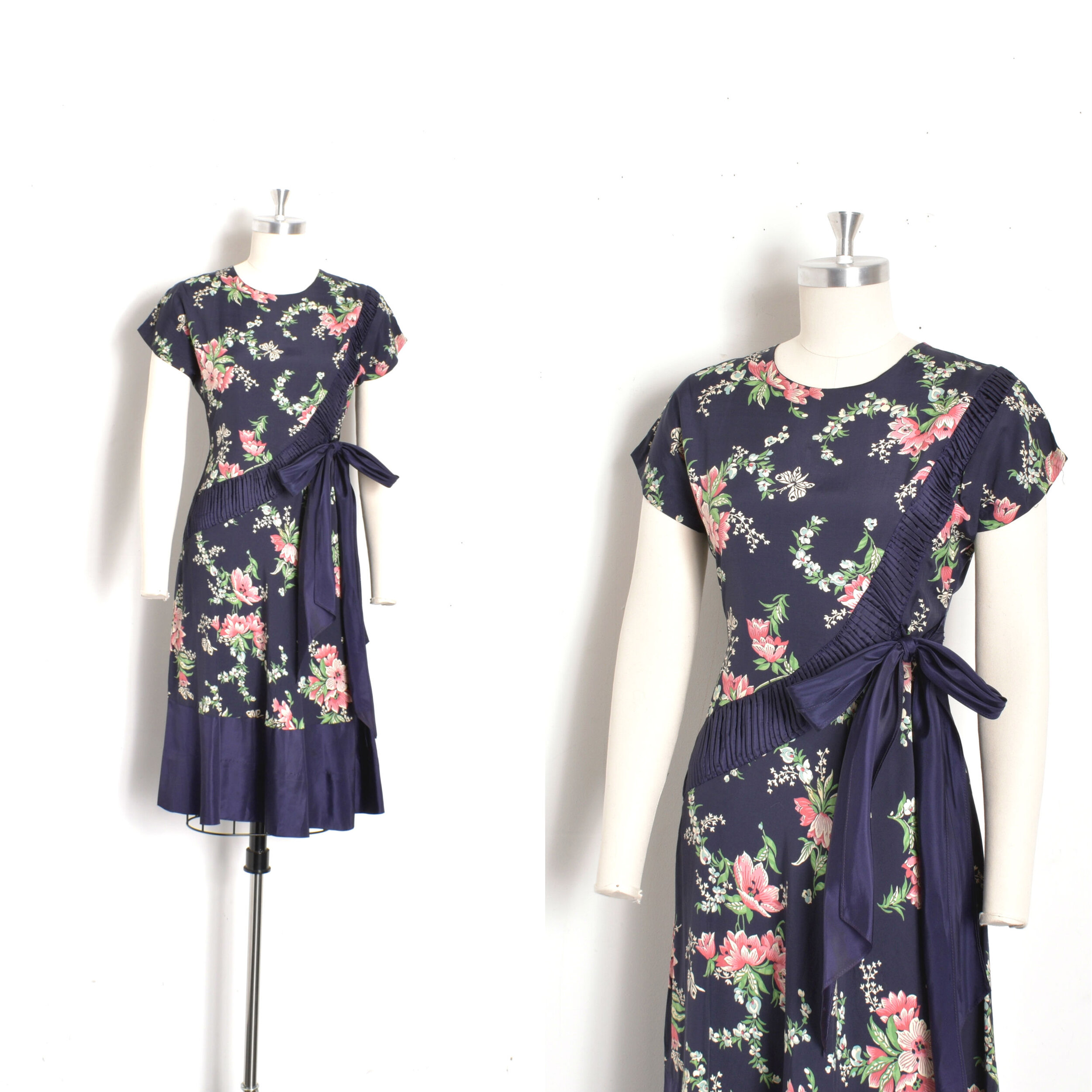 1940s Flowers and Butterflies Rayon Dress-XS/S