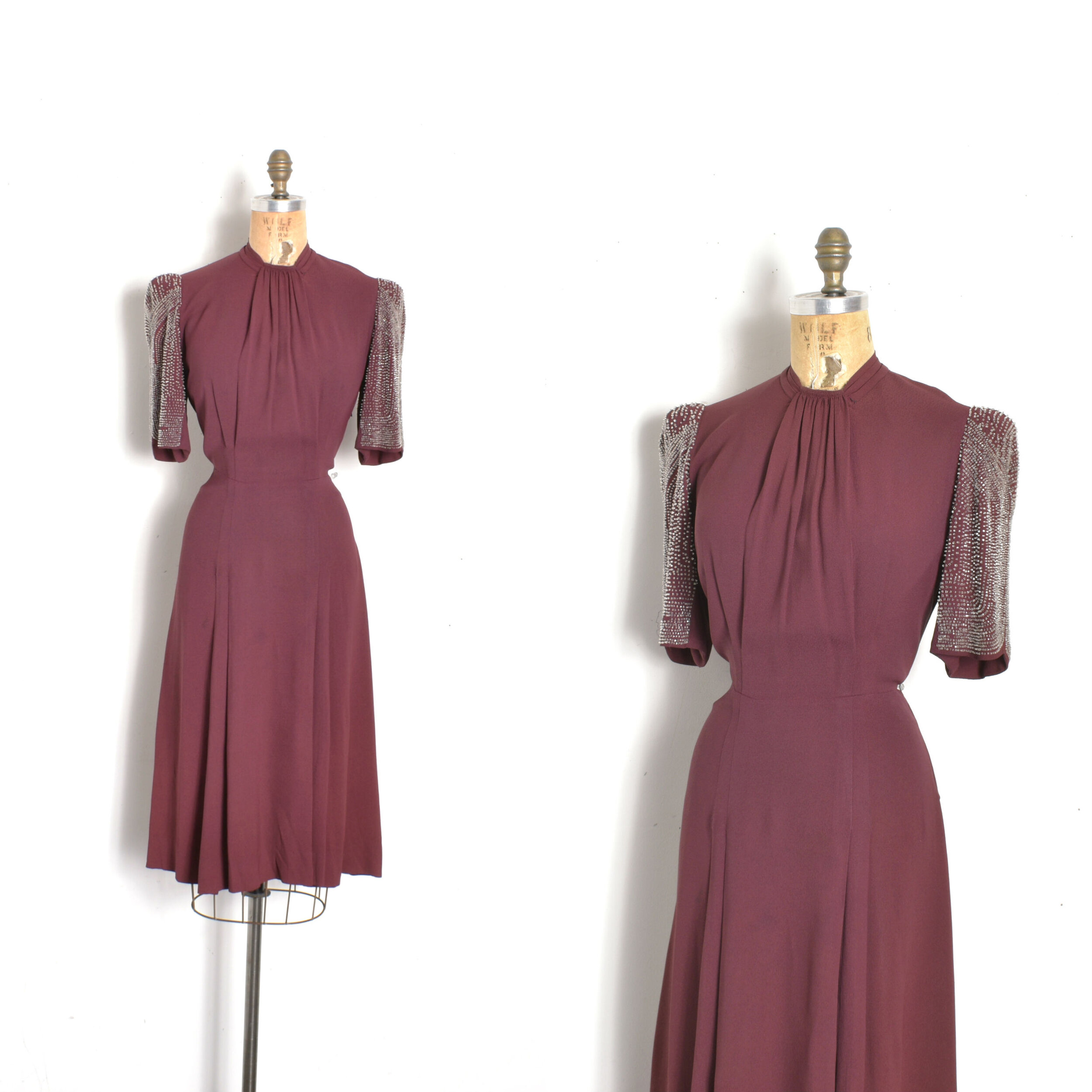1940s Maroon Rayon Beaded Sleeve Dress-medium