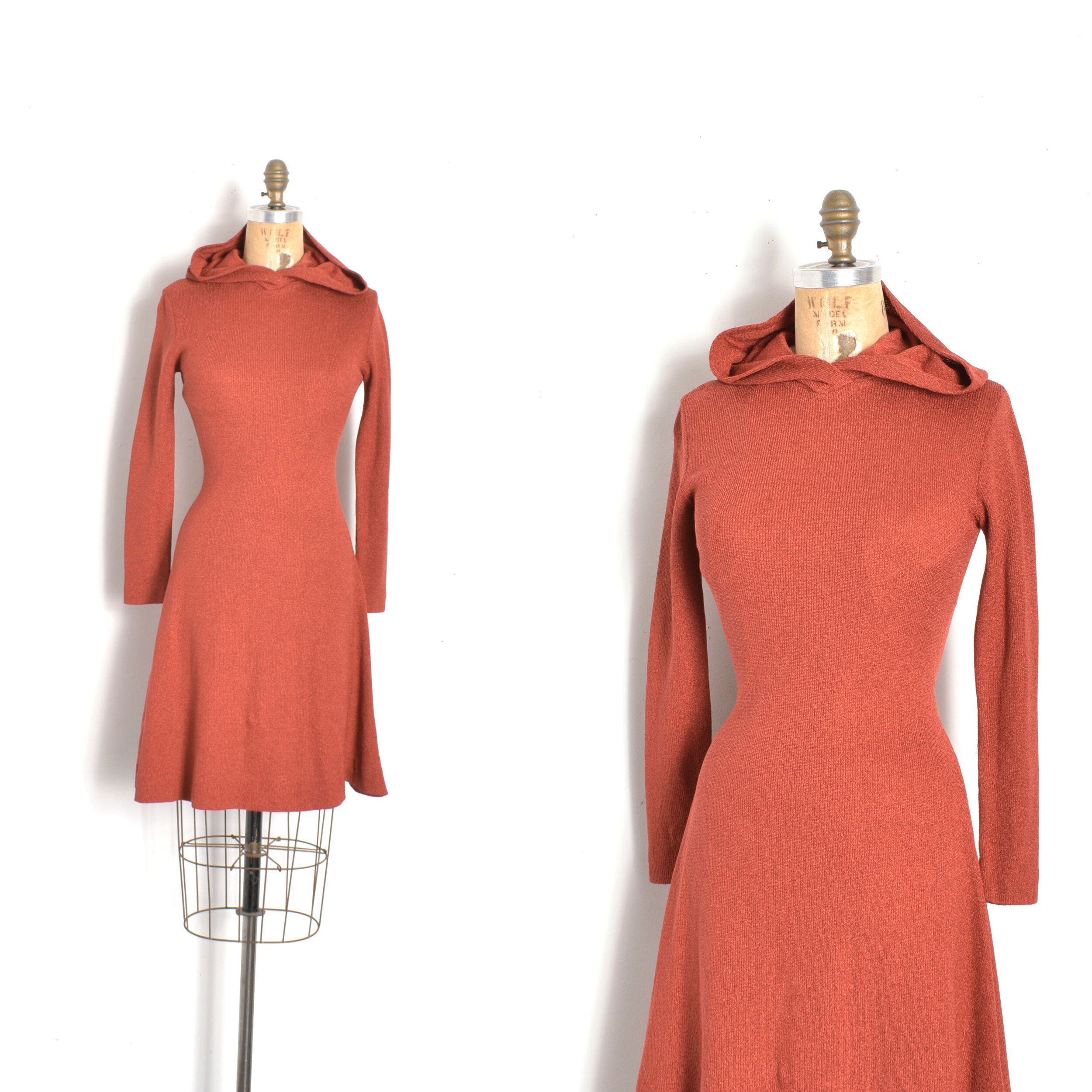 1970s Clovis Ruffin Hooded Knit Dress-small