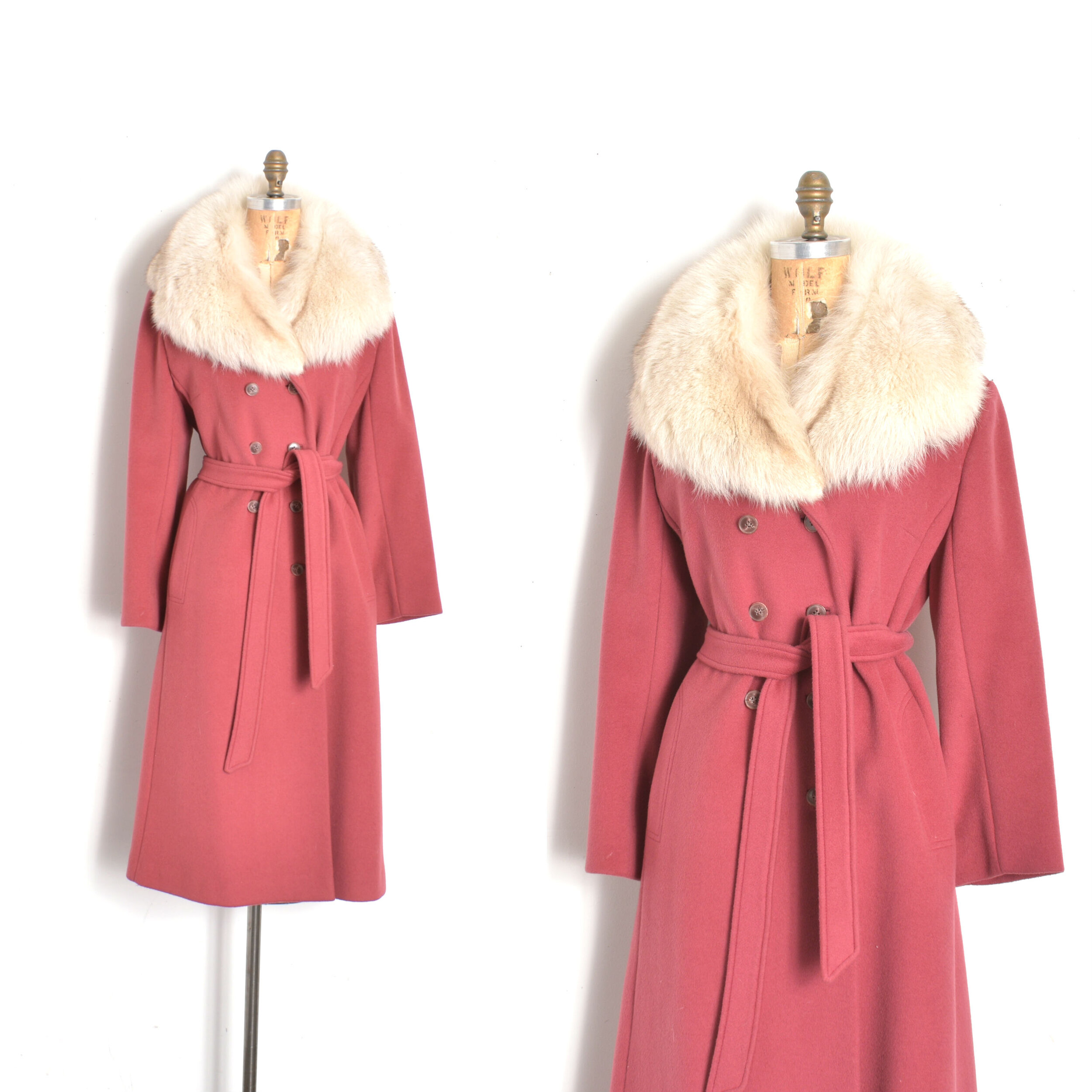 1960s Deep Rose Wool Coat with Fur Collar-M/L
