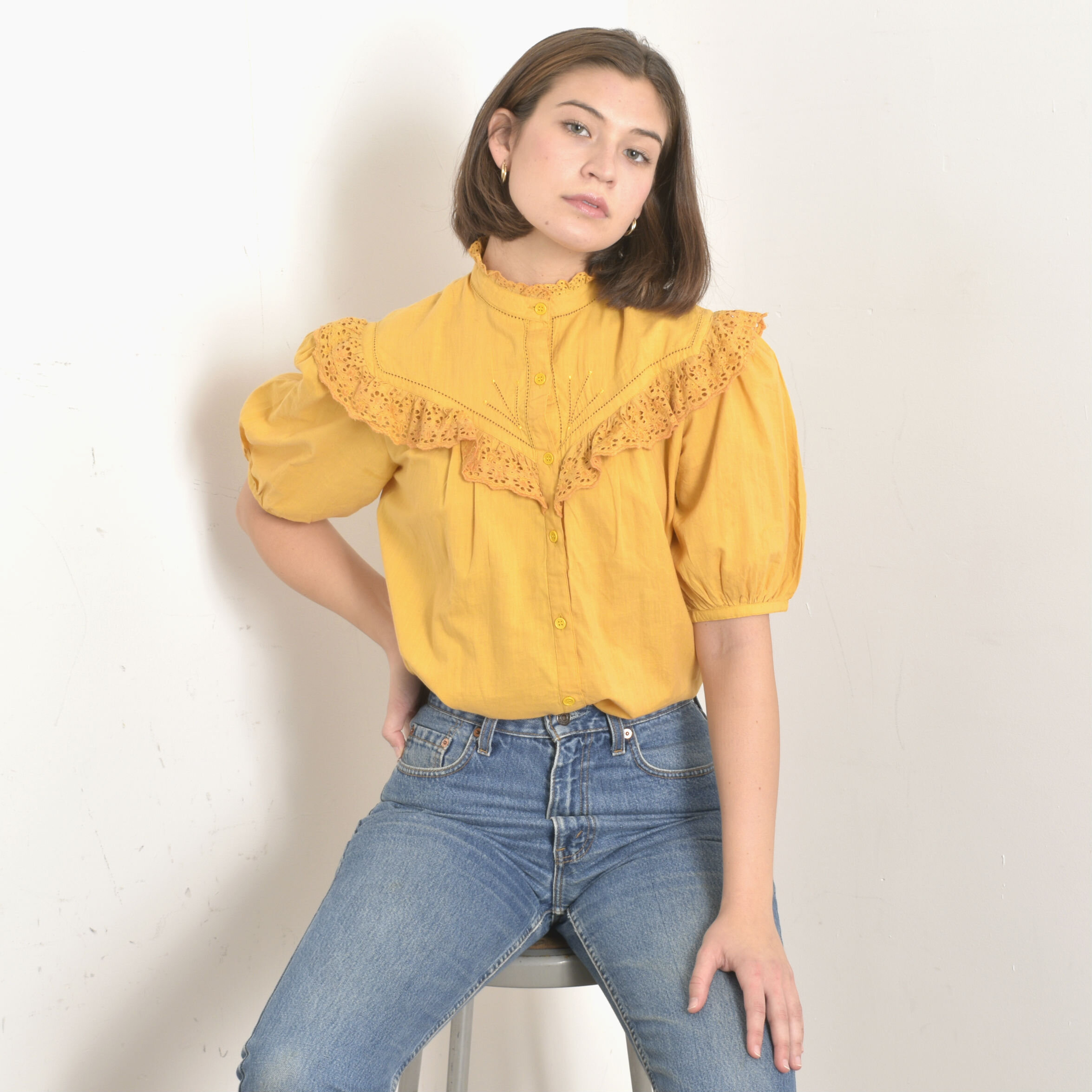 1980s Mustard Puff Sleeve Blouse-S/M