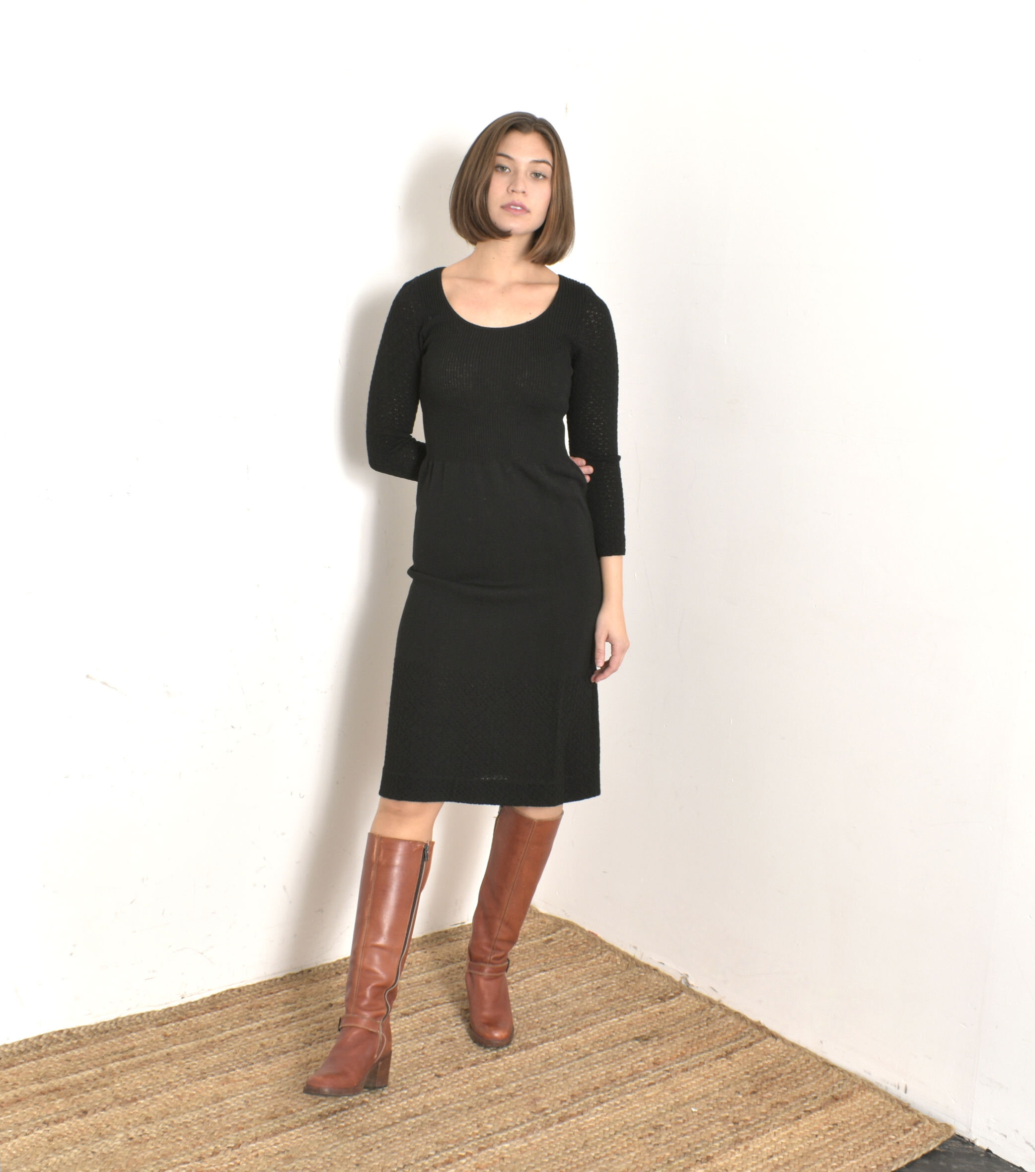 1970s Classic Black Knit Dress-small