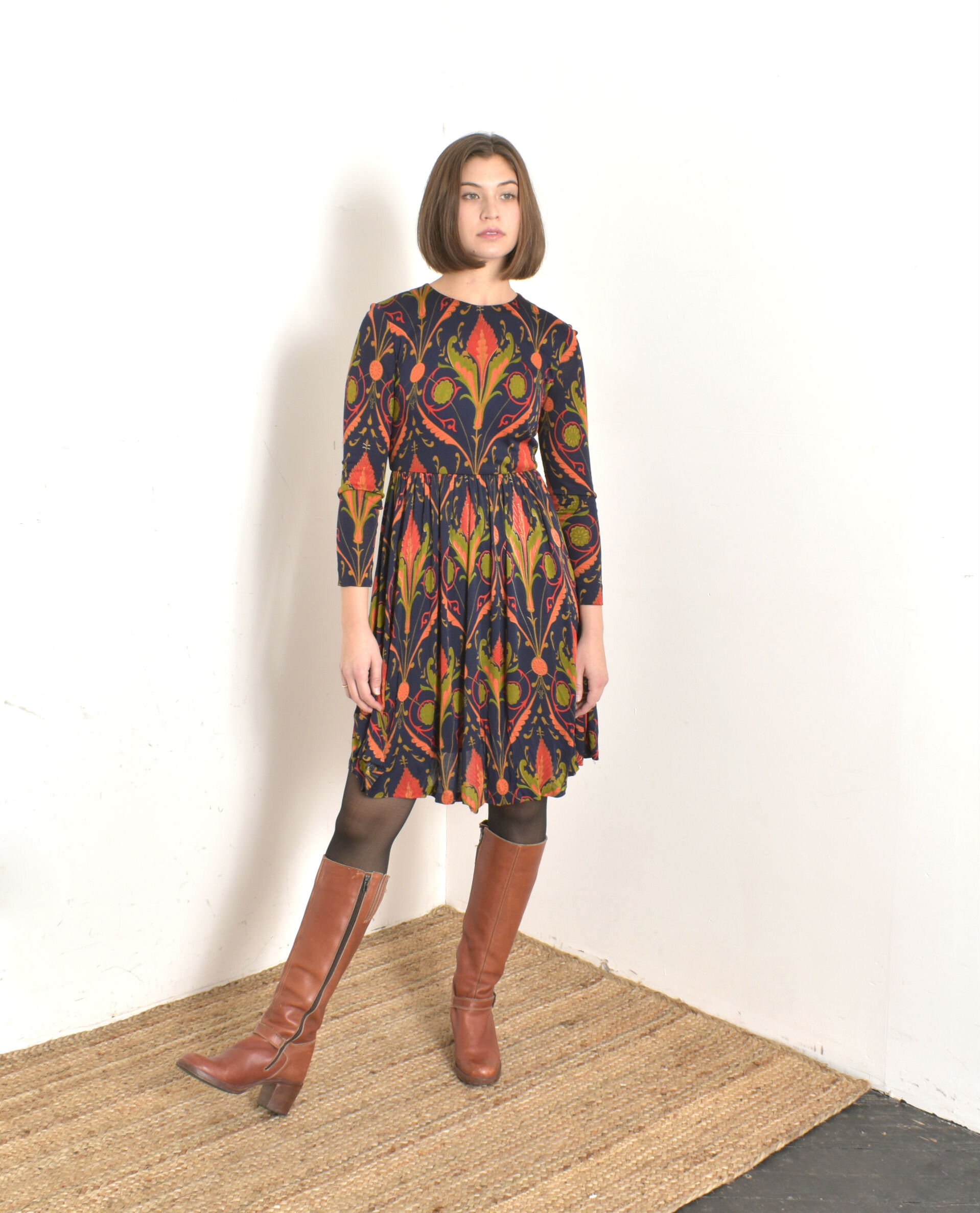 1970s Printed Jersey Dress-S/M