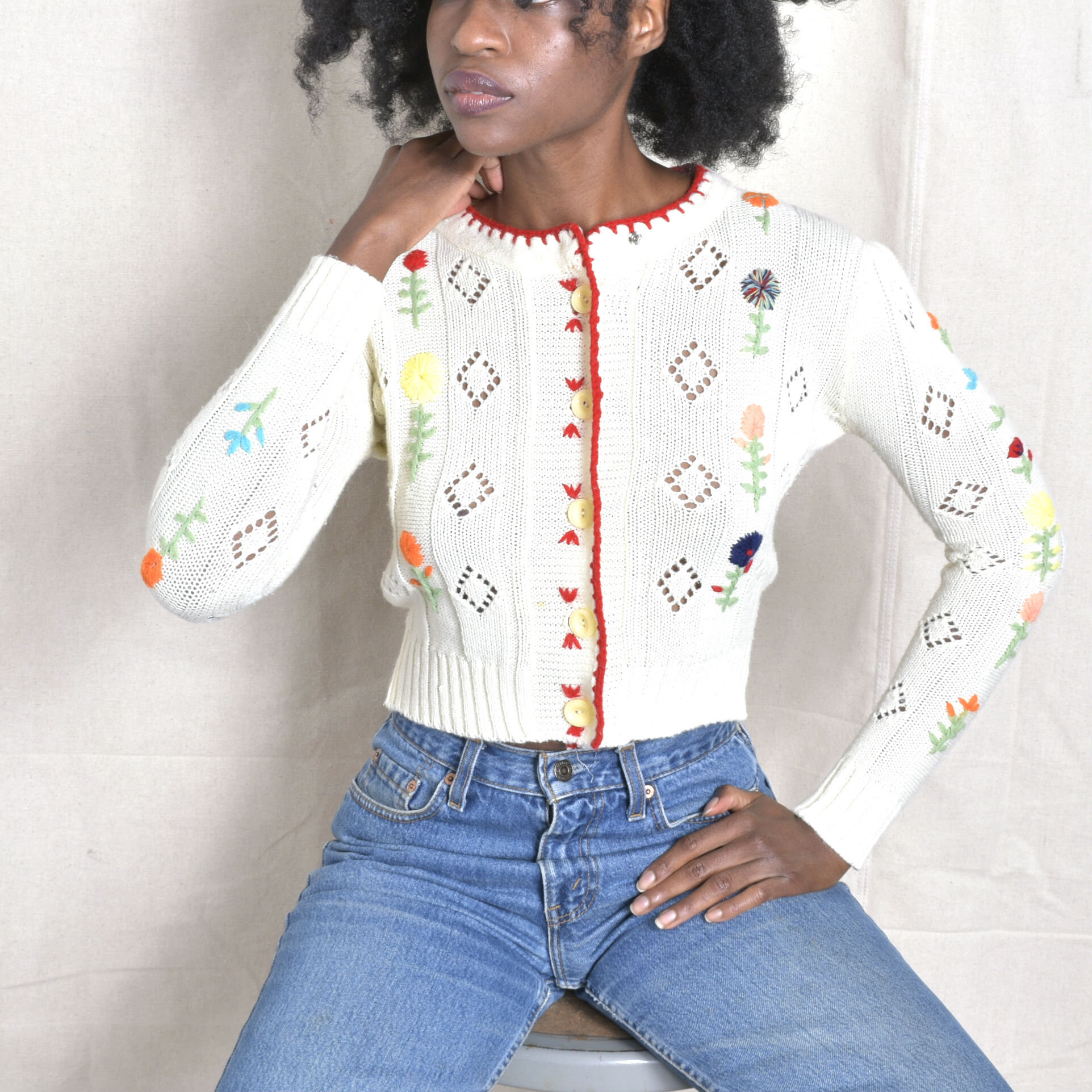 1960s Floral Embroidered Cropped Cardigan-XS/S