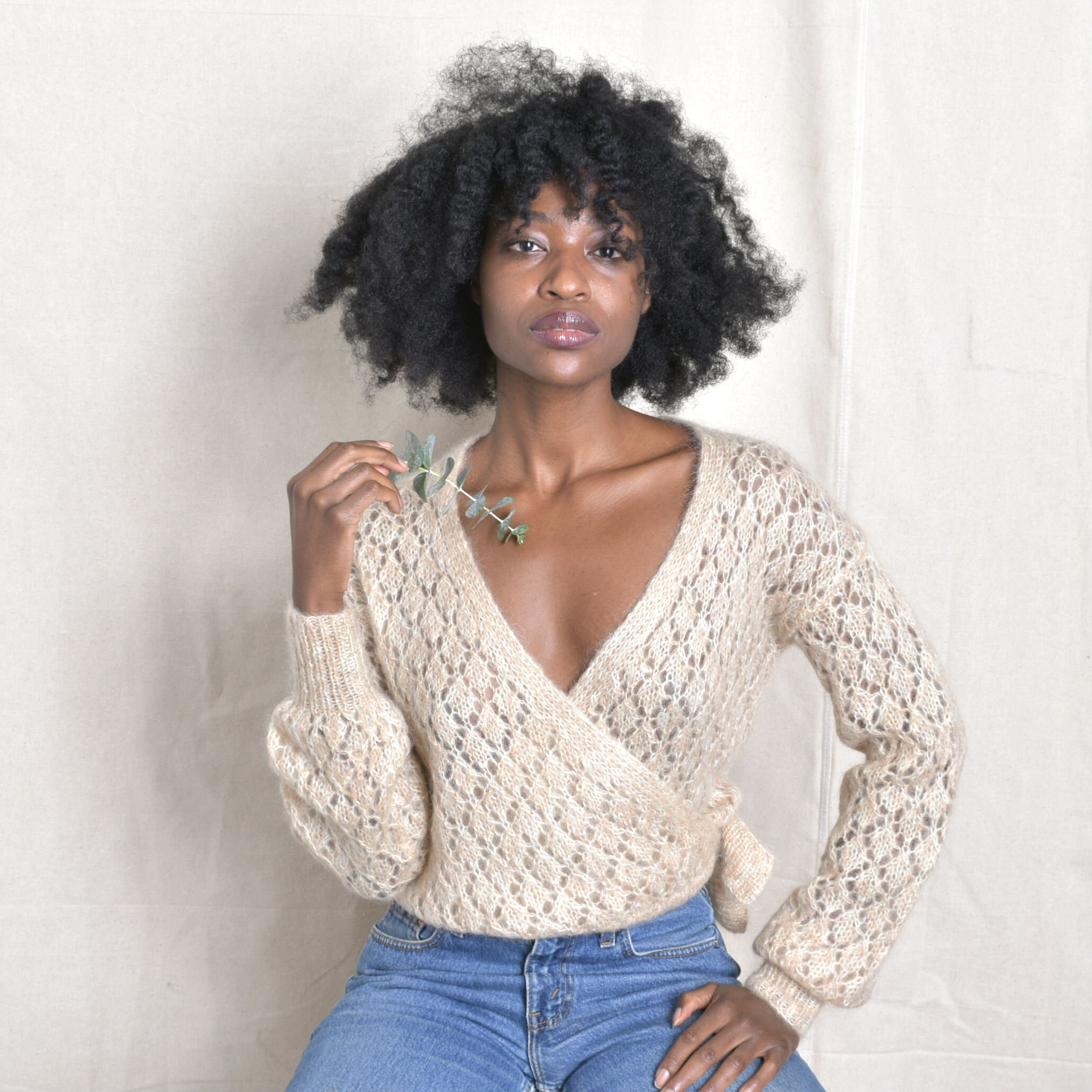 1980s Oatmeal Mohair Wrap Sweater-medium