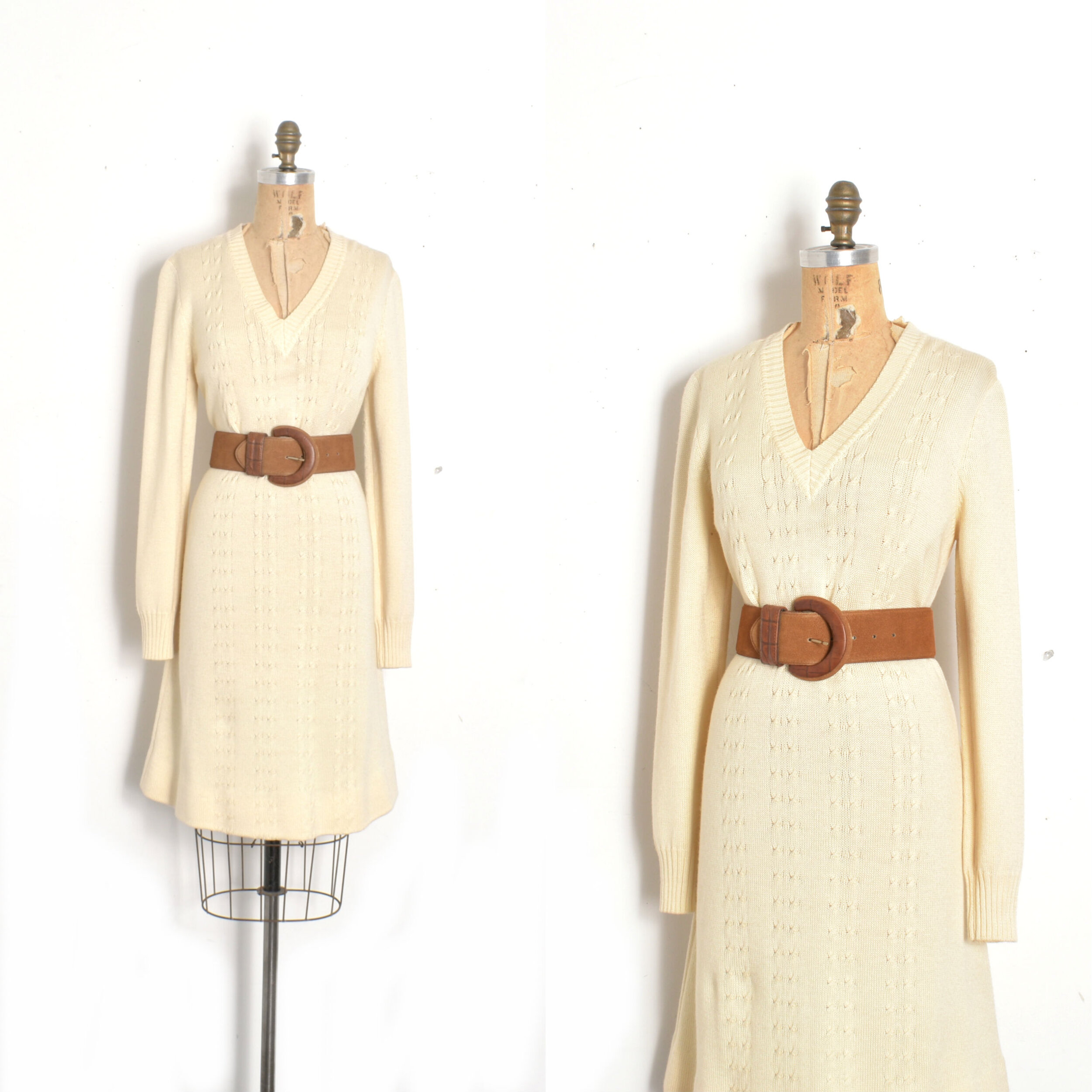 1970s Cream Cable Knit Sweater Dress-large